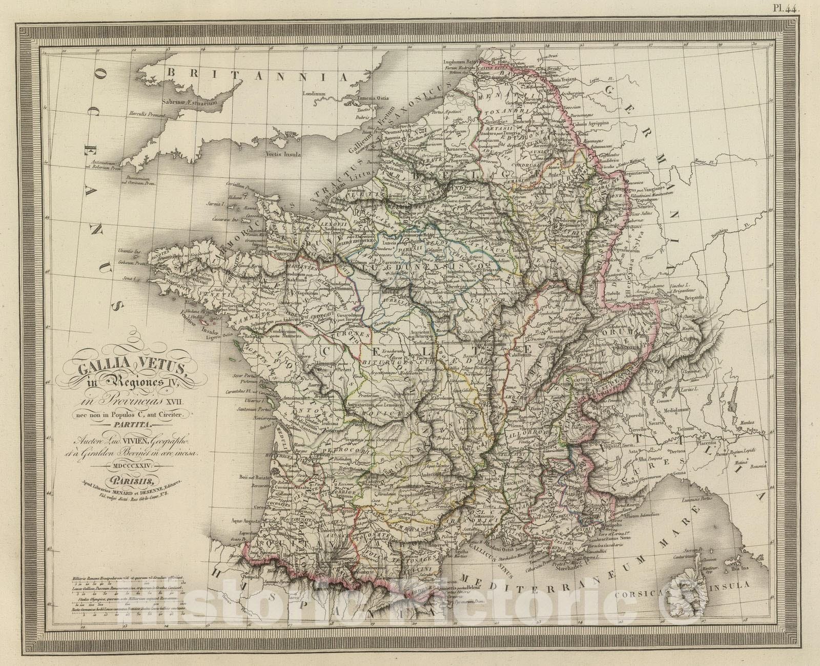 Historic Map : France, 1824 Gallia Vetus in Regiones IV, in Provincias XVII. , Vintage Wall Art