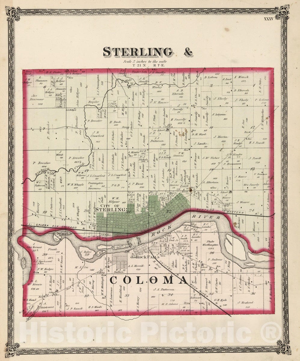Sterling and Coloma, 1872 - Whiteside County Illinois Historical Map Print