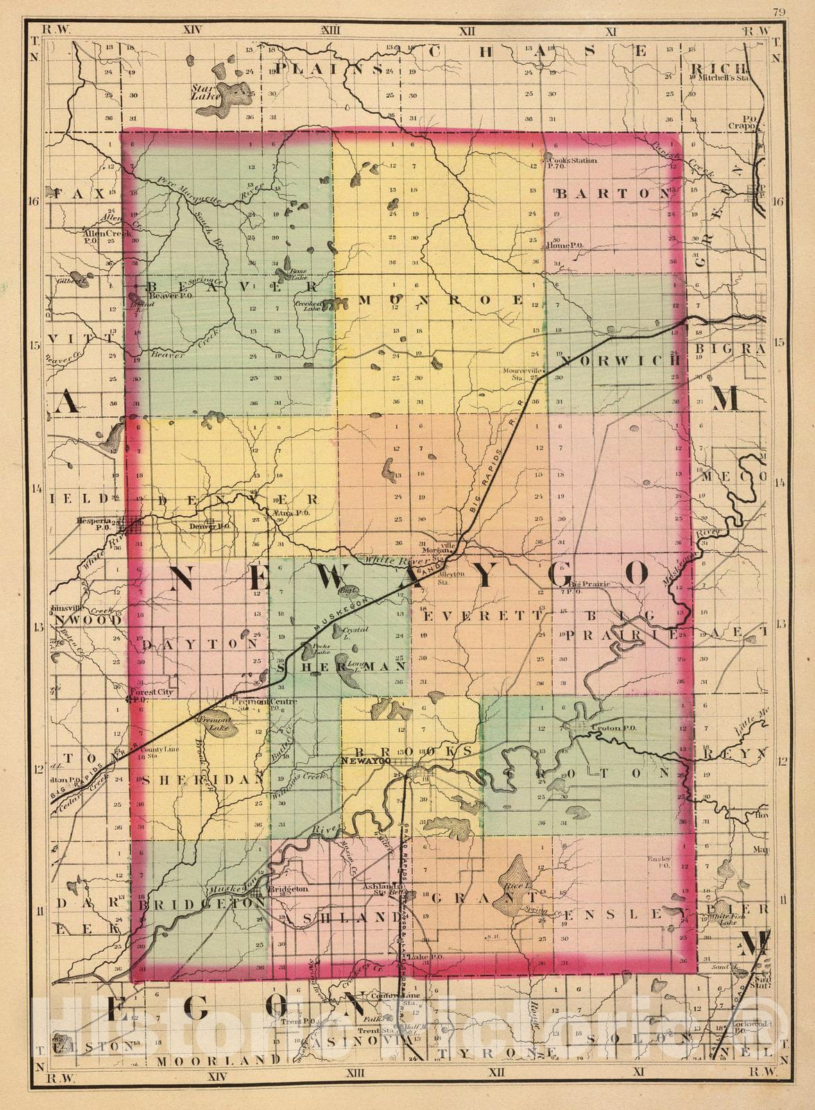 Newaygo County, Michigan - Railroad Map, 1873 - Historical Map Print
