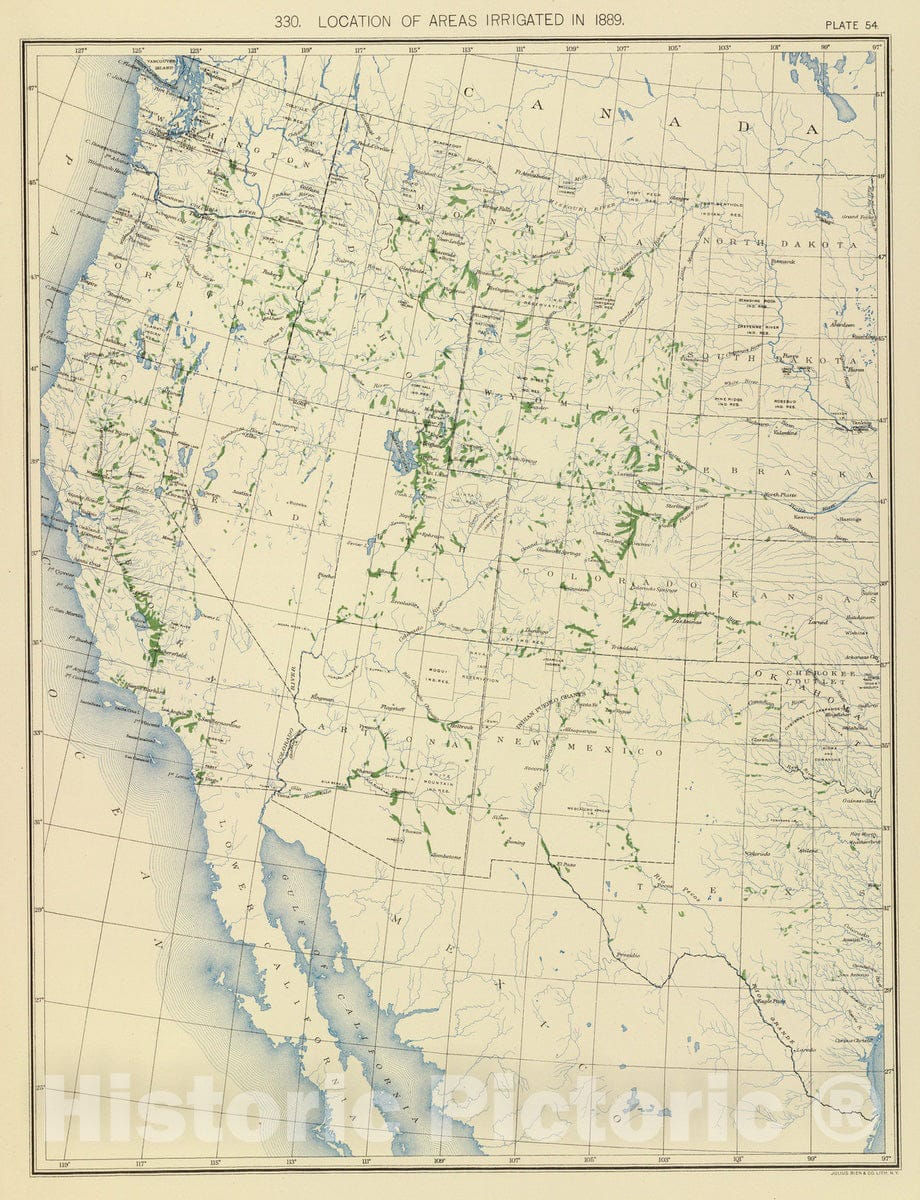 Historic Map : Statistical Atlas - 1898 54. Areas irrigated 1889. - Vintage Wall Art