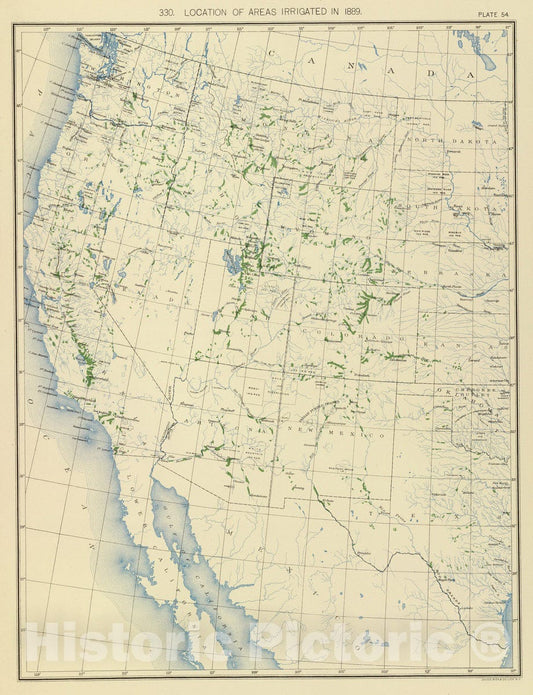 Historic Map : Statistical Atlas - 1898 54. Areas irrigated 1889. - Vintage Wall Art