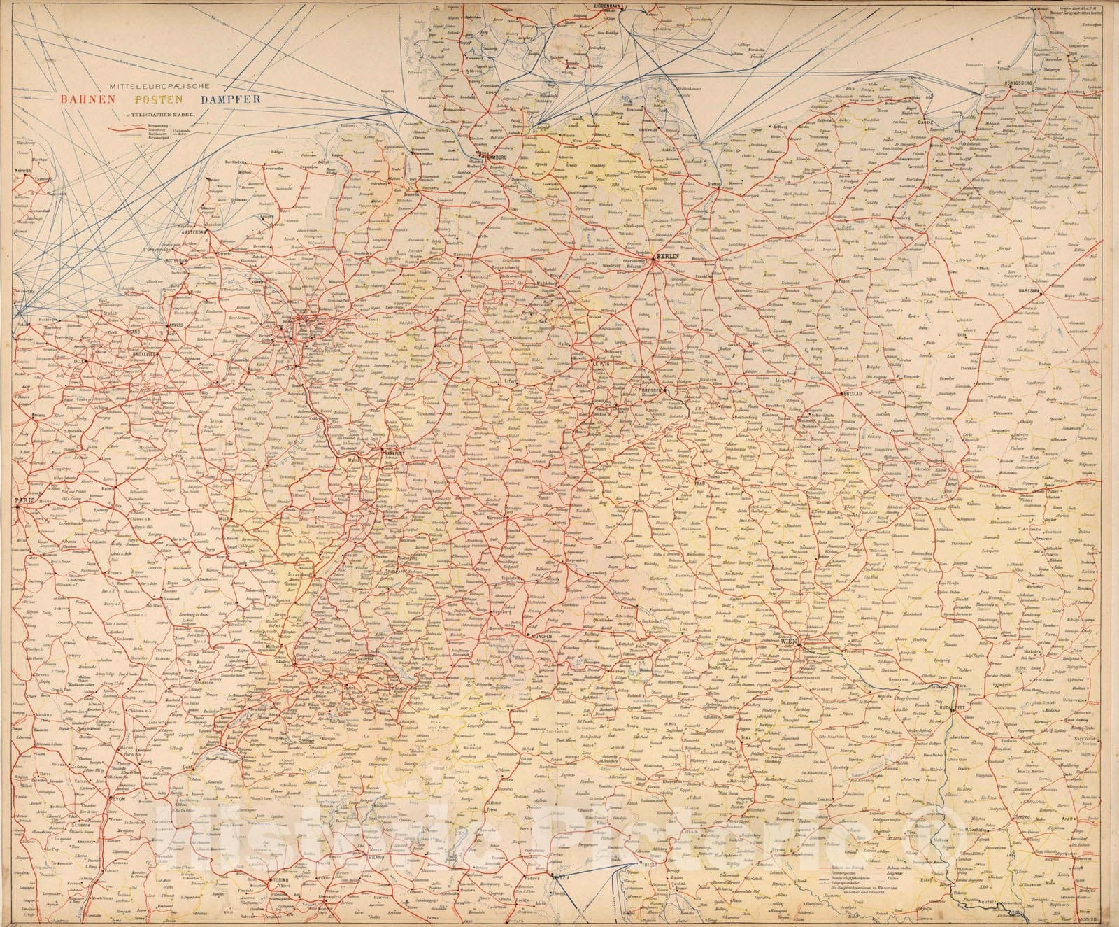 Historic Map : 1879 Central Europe. Routes. Post. Steamer. - Vintage Wall Art