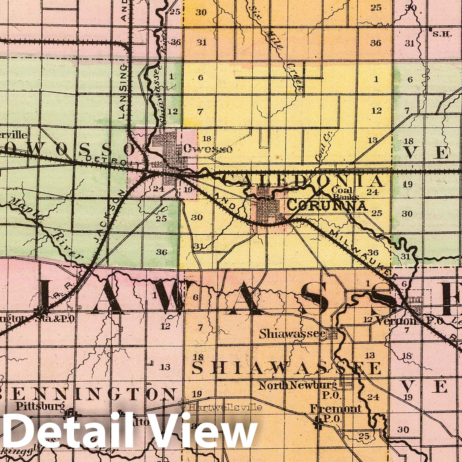 Shiawassee County, Michigan - Railroad Map, 1873 - Historical Map Print