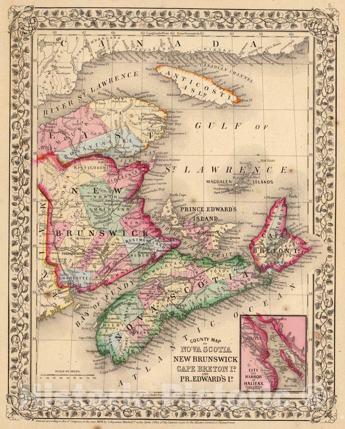 Historic Map : 1870 Nova Scotia, New Brunswick, P.E.I. - Vintage Wall Art