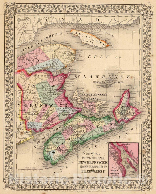 Historic Map : 1870 Nova Scotia, New Brunswick, P.E.I. - Vintage Wall Art