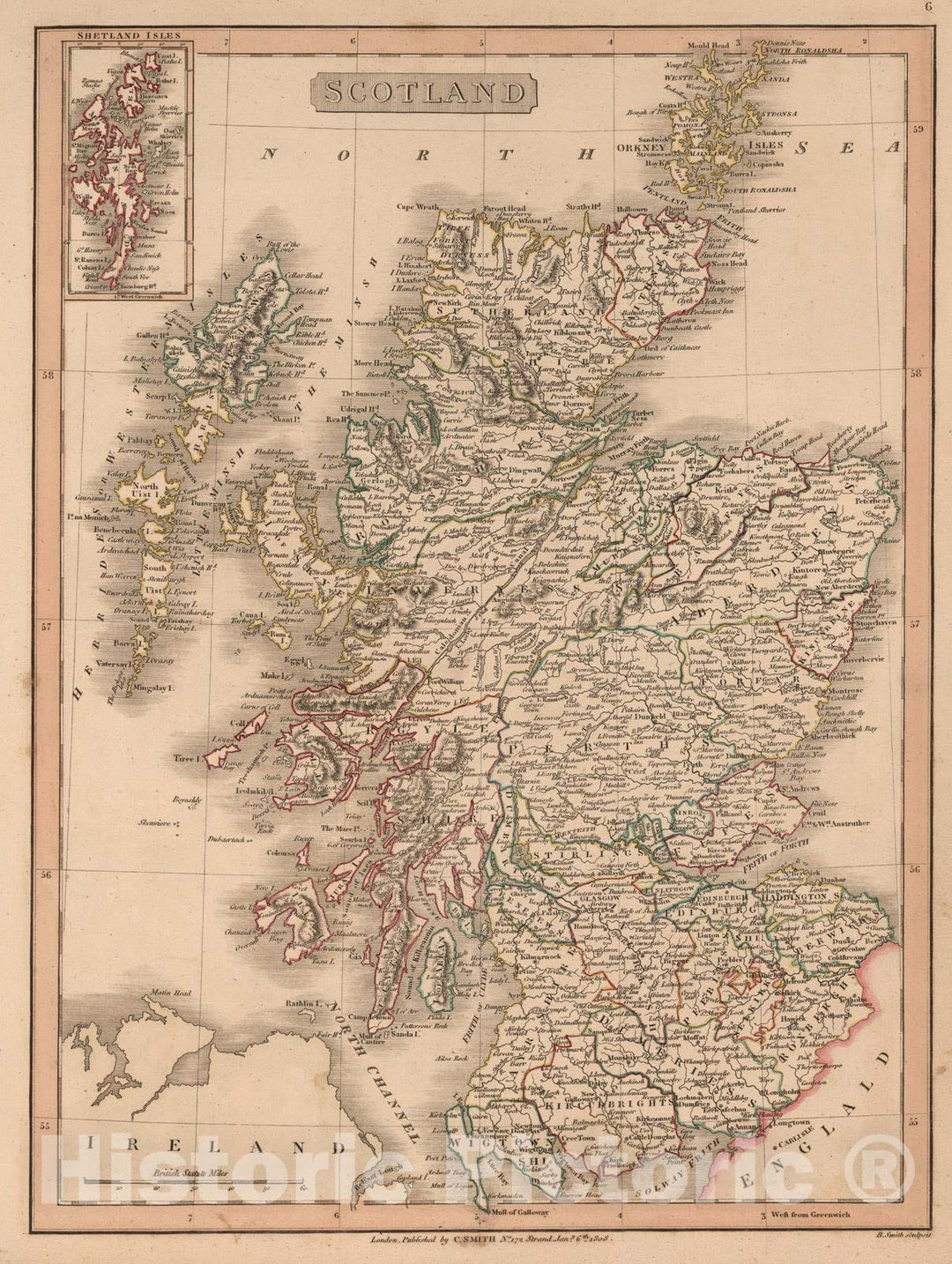 Historic Wall Map : 1808 Scotland. v2 - Vintage Wall Art