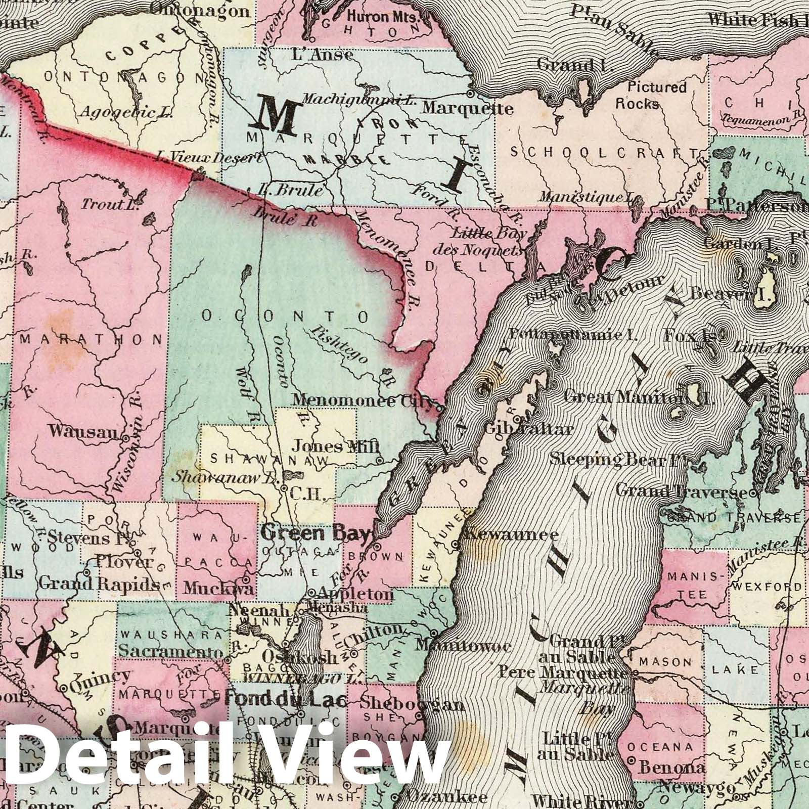 Michigan and Wisconsin - Physical Map, 1858 - Historical Map Print