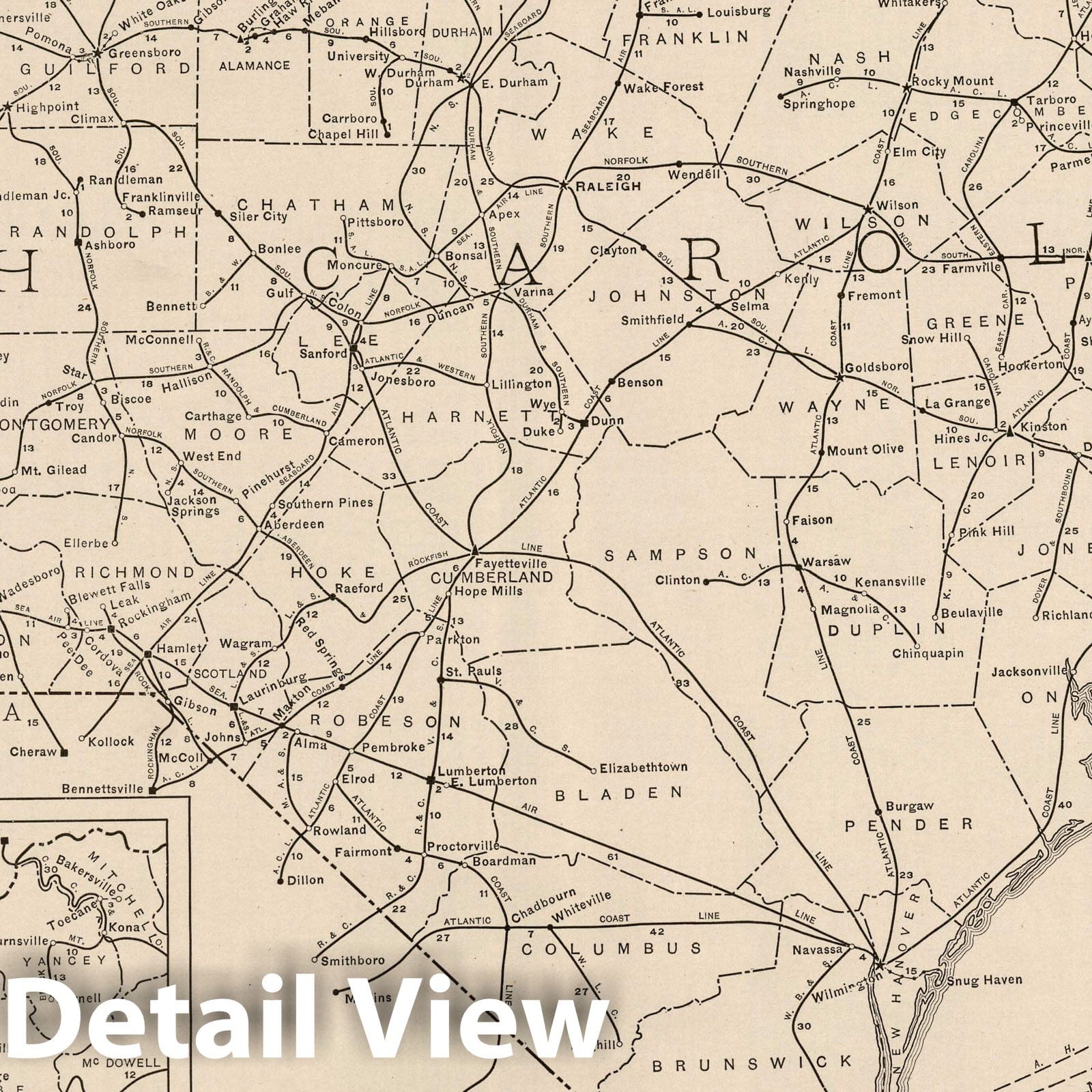 North Carolina - Railroad Map, 1924 - Rand McNally Historical Print