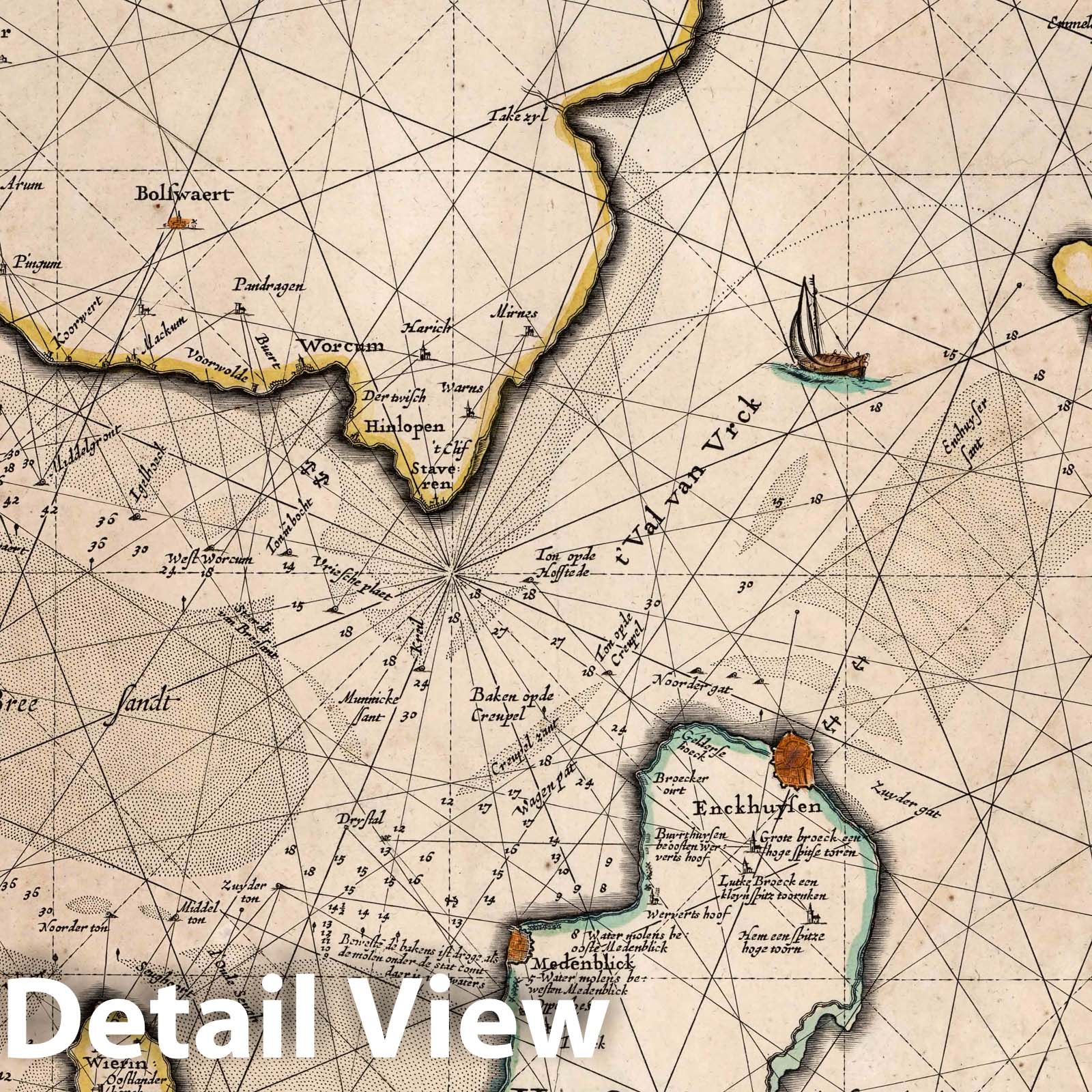 Zuiderzee Nautical Chart 1666 - Hand-Colored Historical Map Print