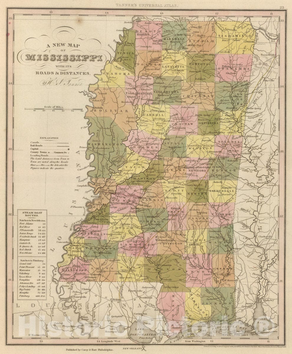 Mississippi - Road Map, 1845 - Historical Map Print