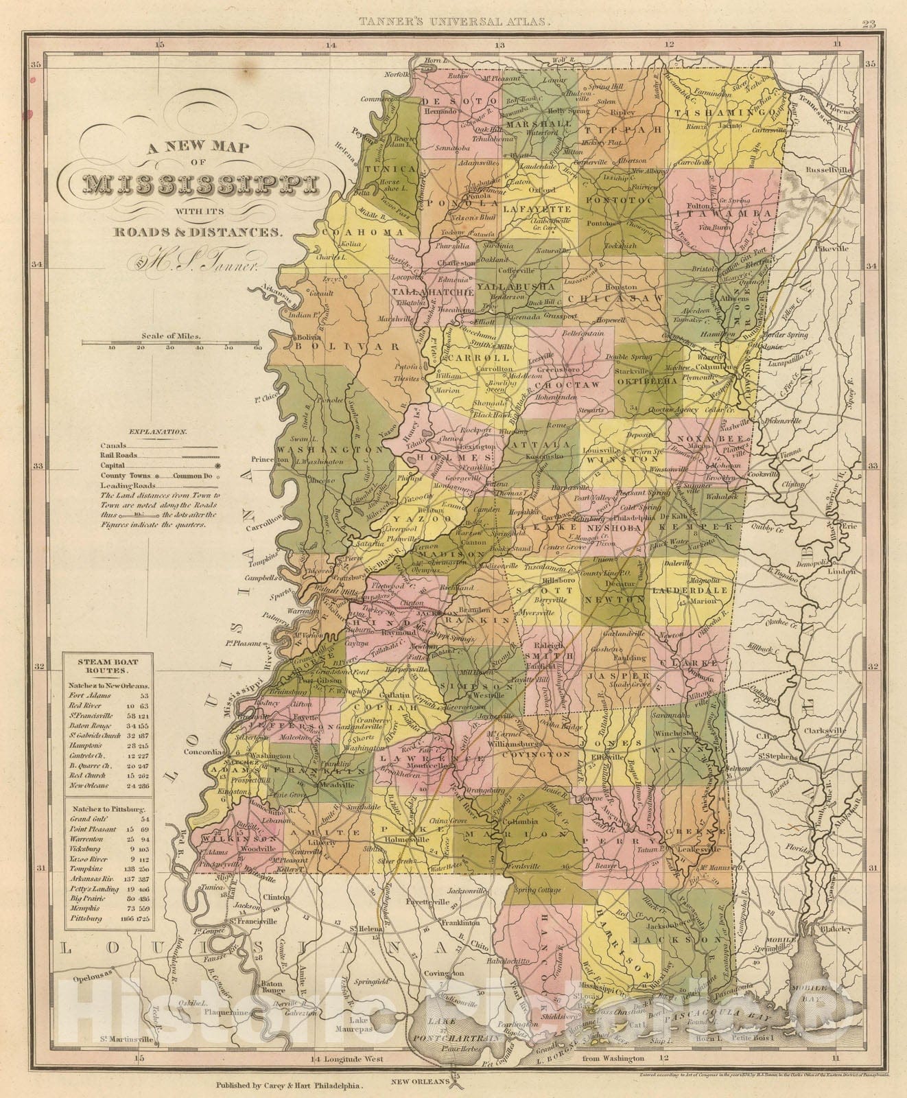 Historic Map - World Atlas - 1845 New Map Of Mississippi. - Vintage Wall Art