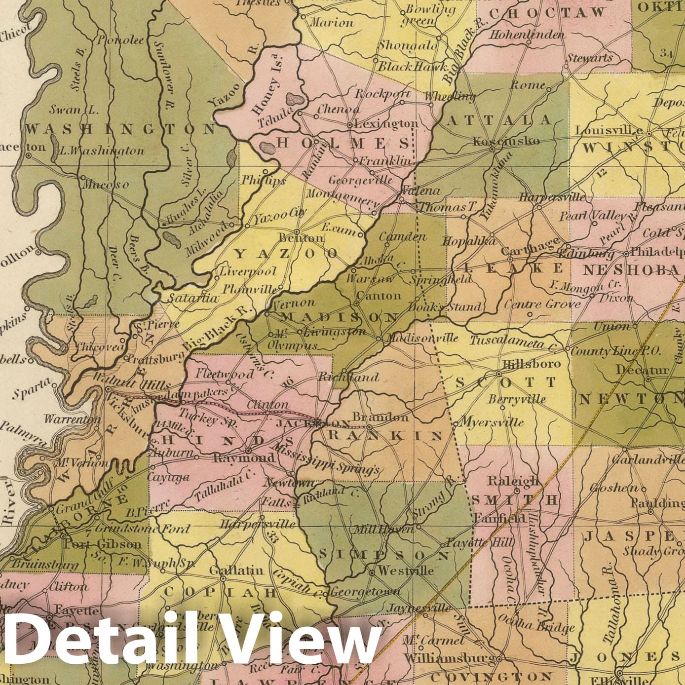 Mississippi - Road Map, 1845 - Historical Map Print