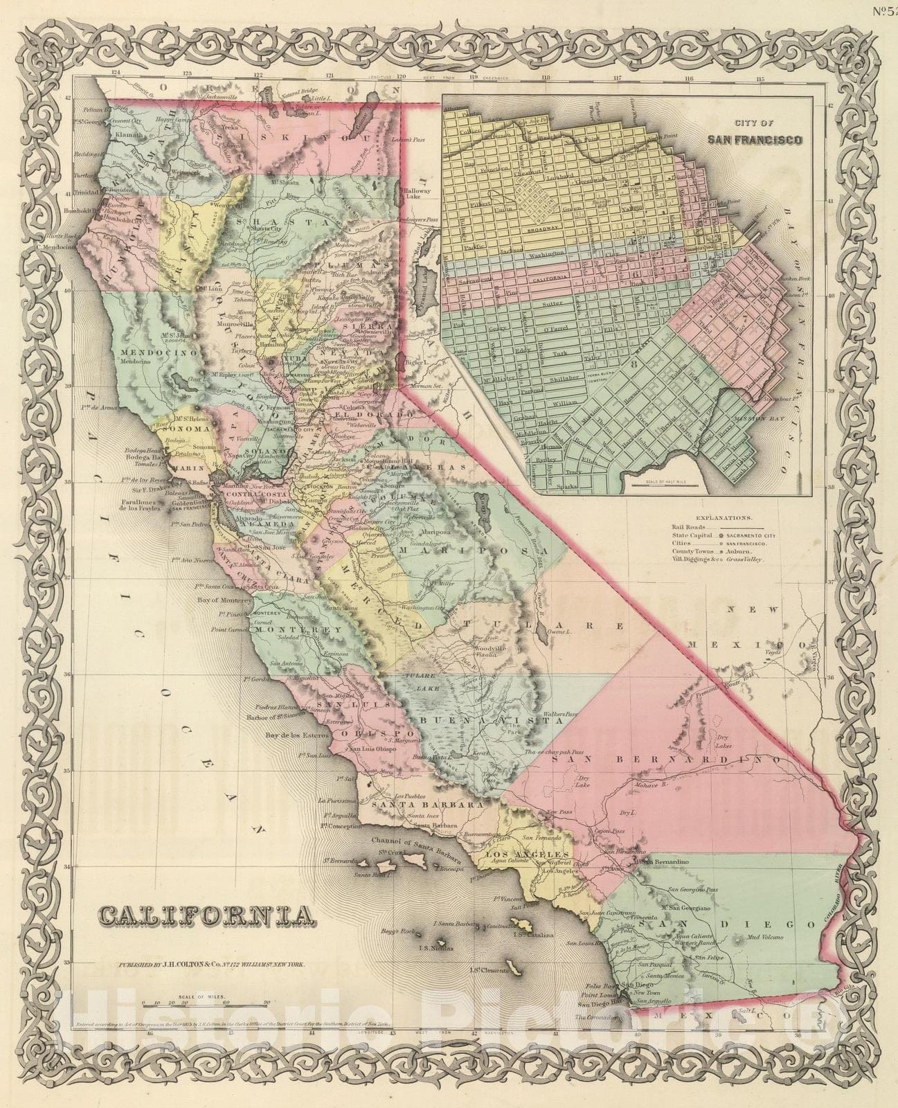 Historic Map : National Atlas - 1857 California. - Vintage Wall Art