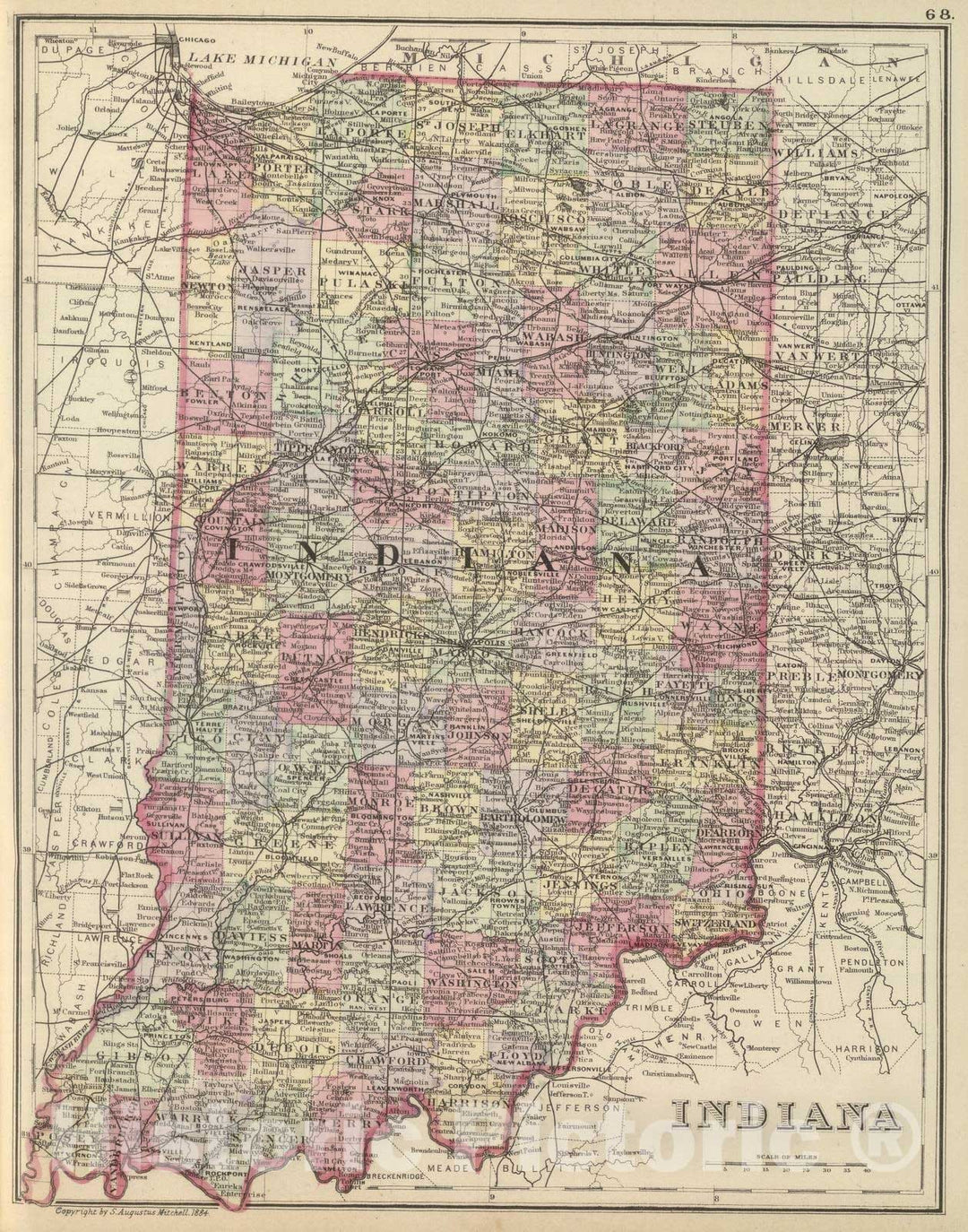 Historic Wall Map : 1884 Indiana - Vintage Wall Art