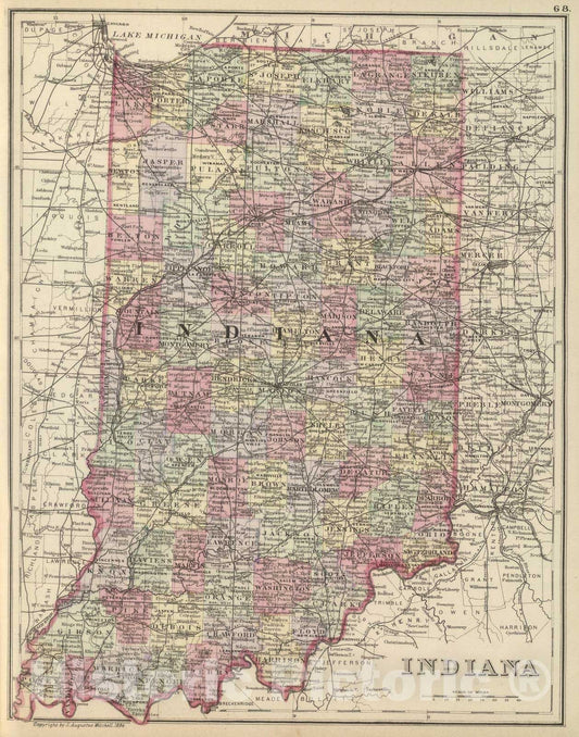 Historic Wall Map : 1884 Indiana - Vintage Wall Art
