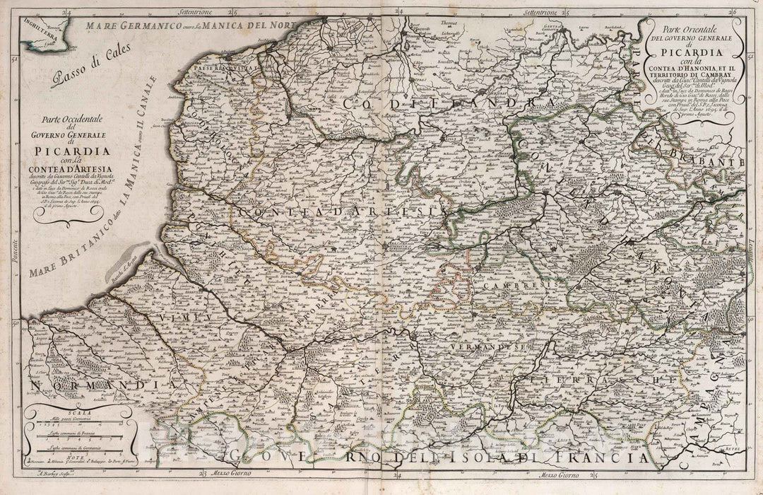 Historic Map : France, , Europe 1695 Governo Generale di Picardia , Vintage Wall Art