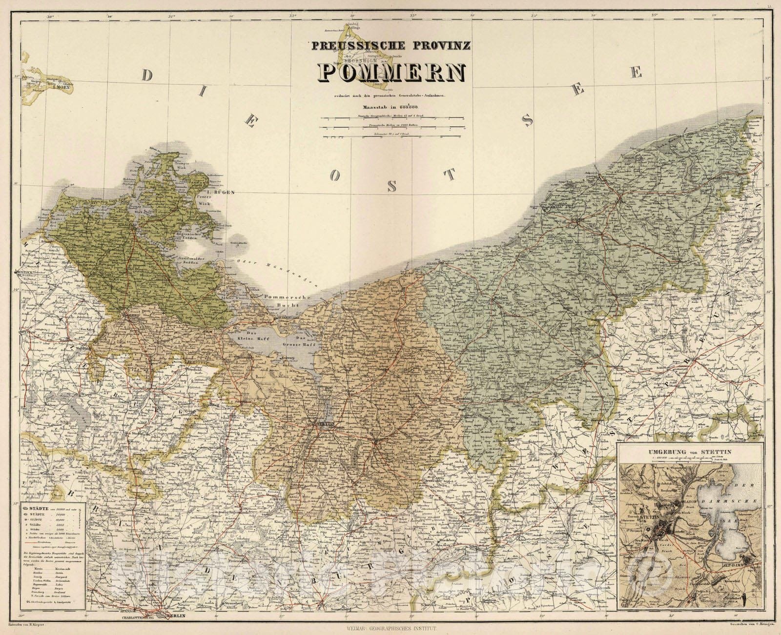 Pomerania (German Province), Germany and Poland, 1886 - Historical Map Print