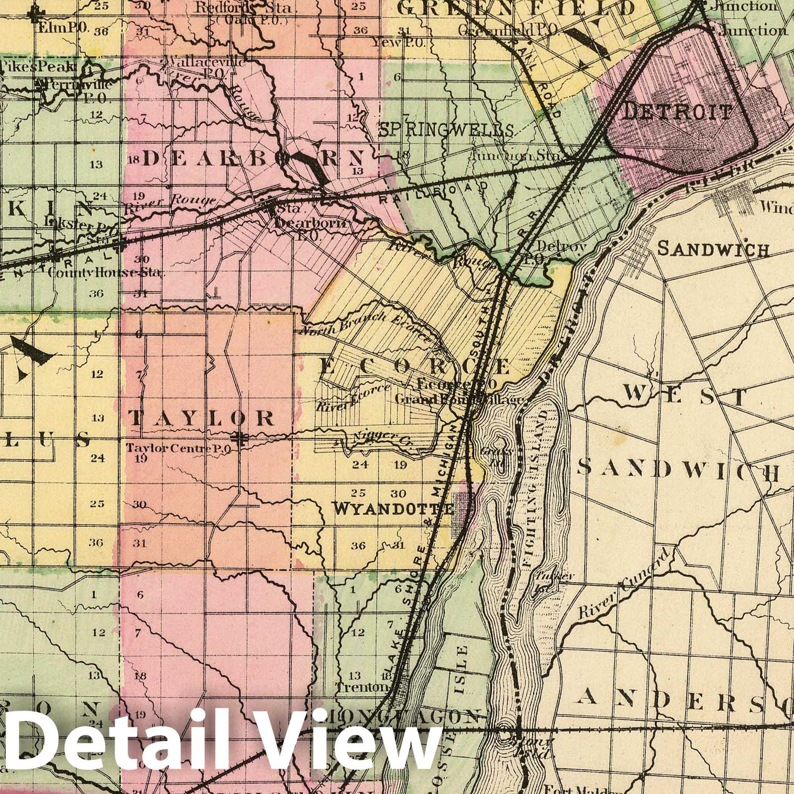 Wayne County, Michigan - Railroad Map, 1873 - Historical Map Print