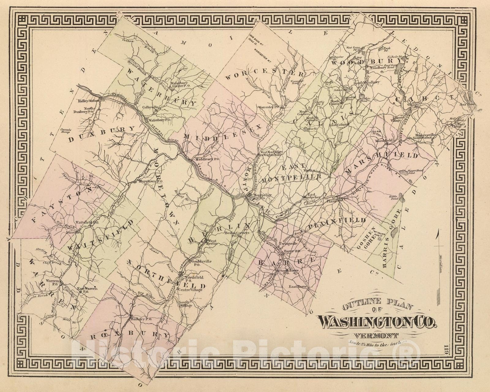 Historic Map : 1876 Outline plan of Washington Co, Vermont. - Vintage Wall Art