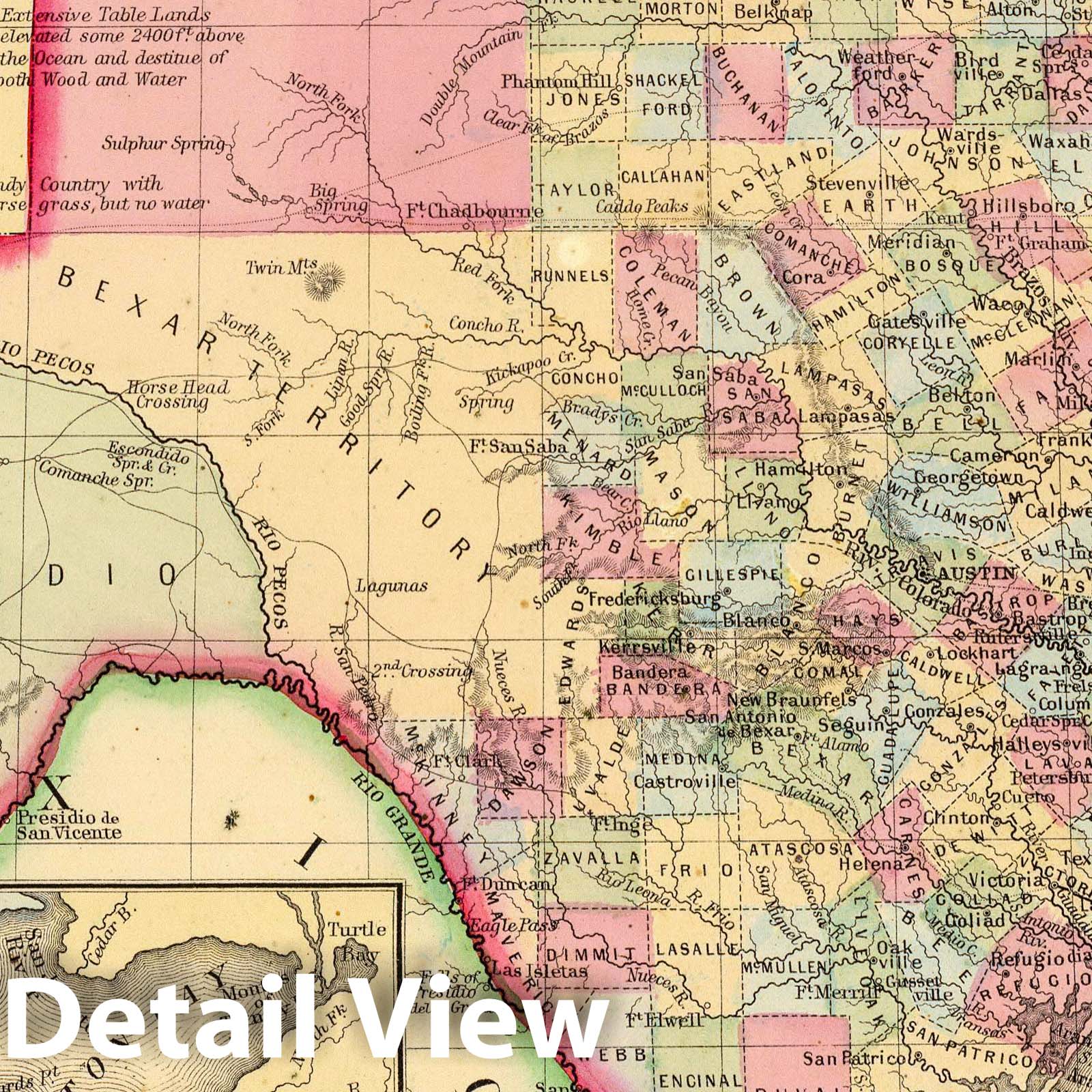 County Map of Texas with Galveston Bay - 1870 Mitchell's Atlas Historical Map Print