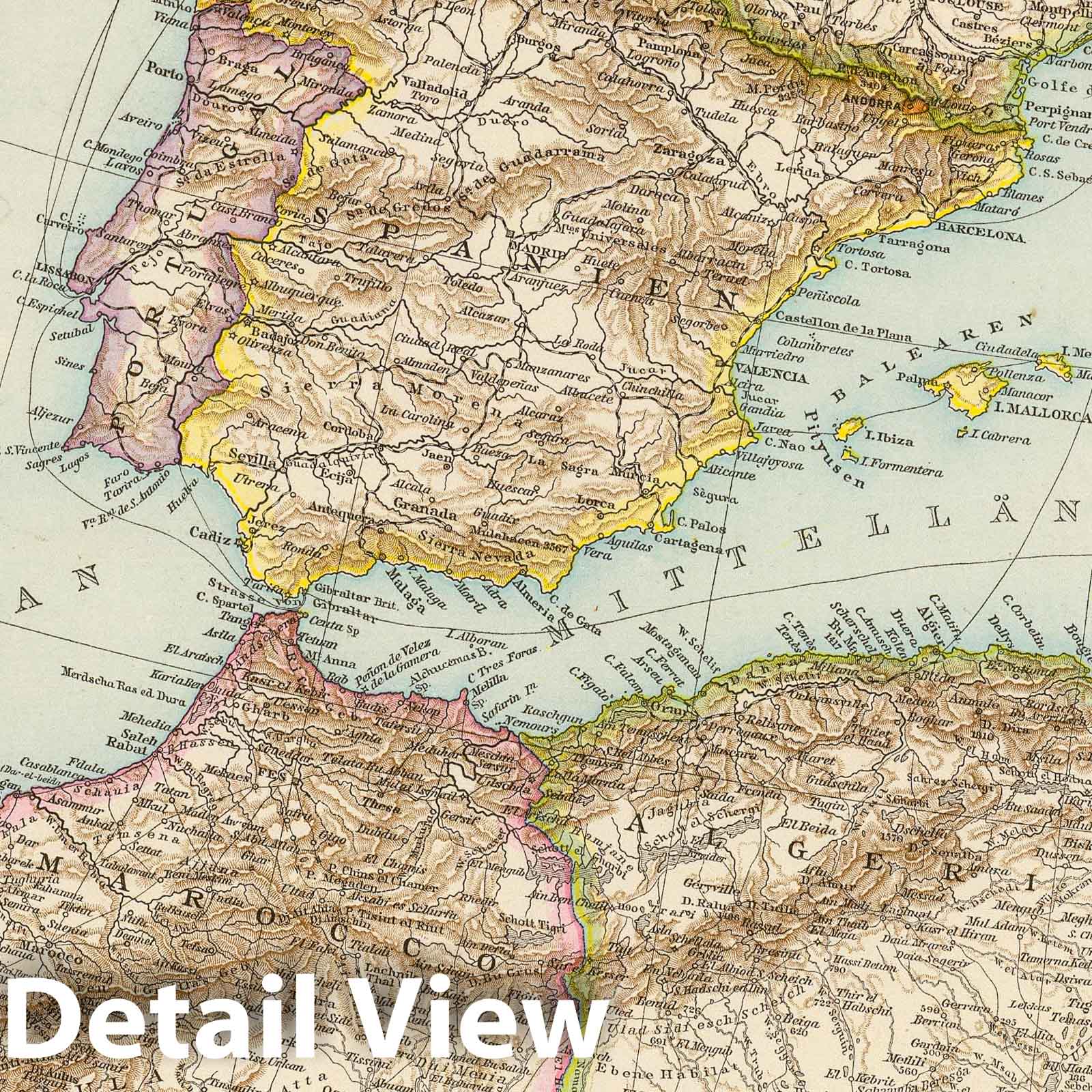Western Mediterranean Region with Strait of Gibraltar - 1881 Historical Map Print