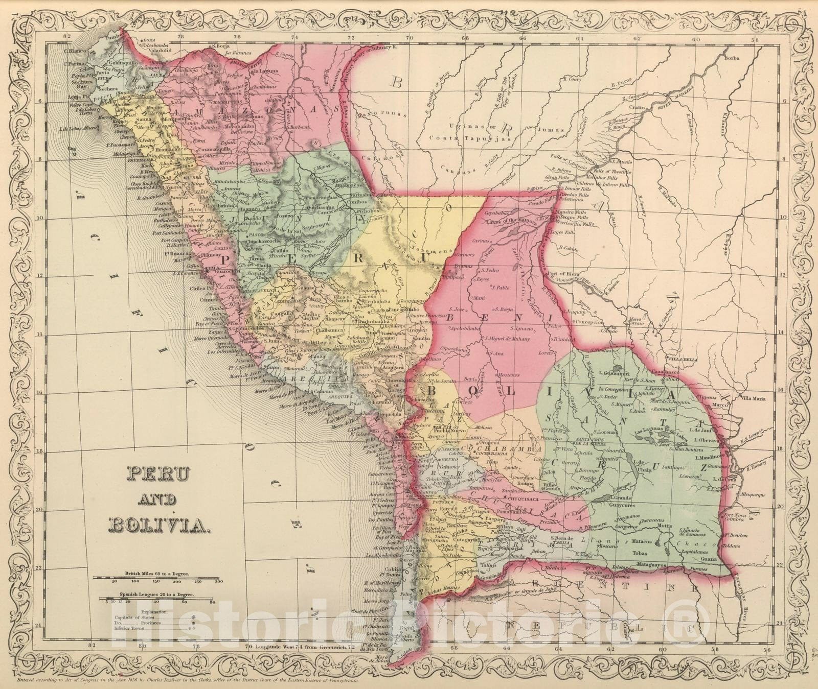 Peru and Bolivia - Railroad Map, 1859 - Historical Map Reproduction