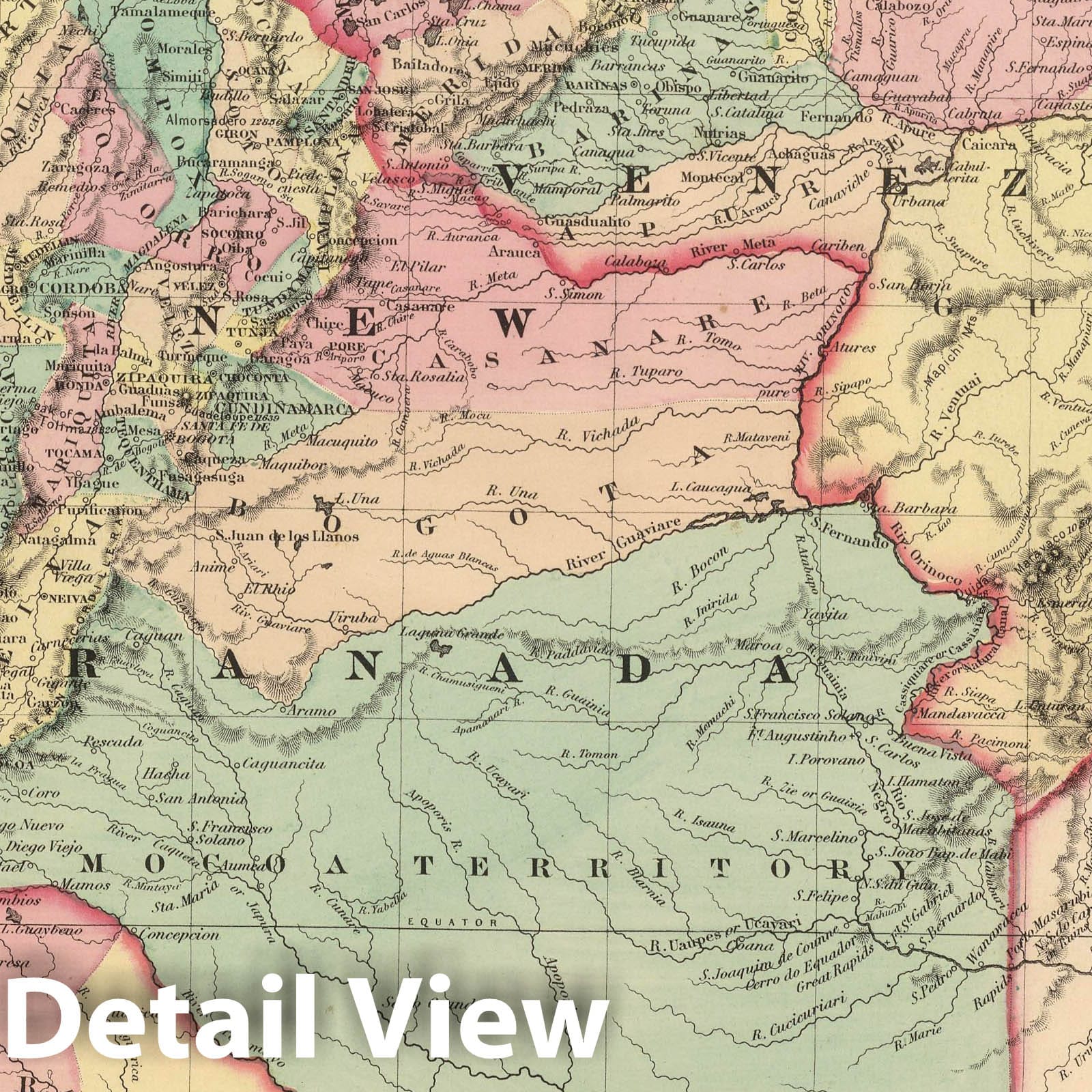 Venezuela, Colombia, and Ecuador - Physical Map, 1857 - Historical Map Print