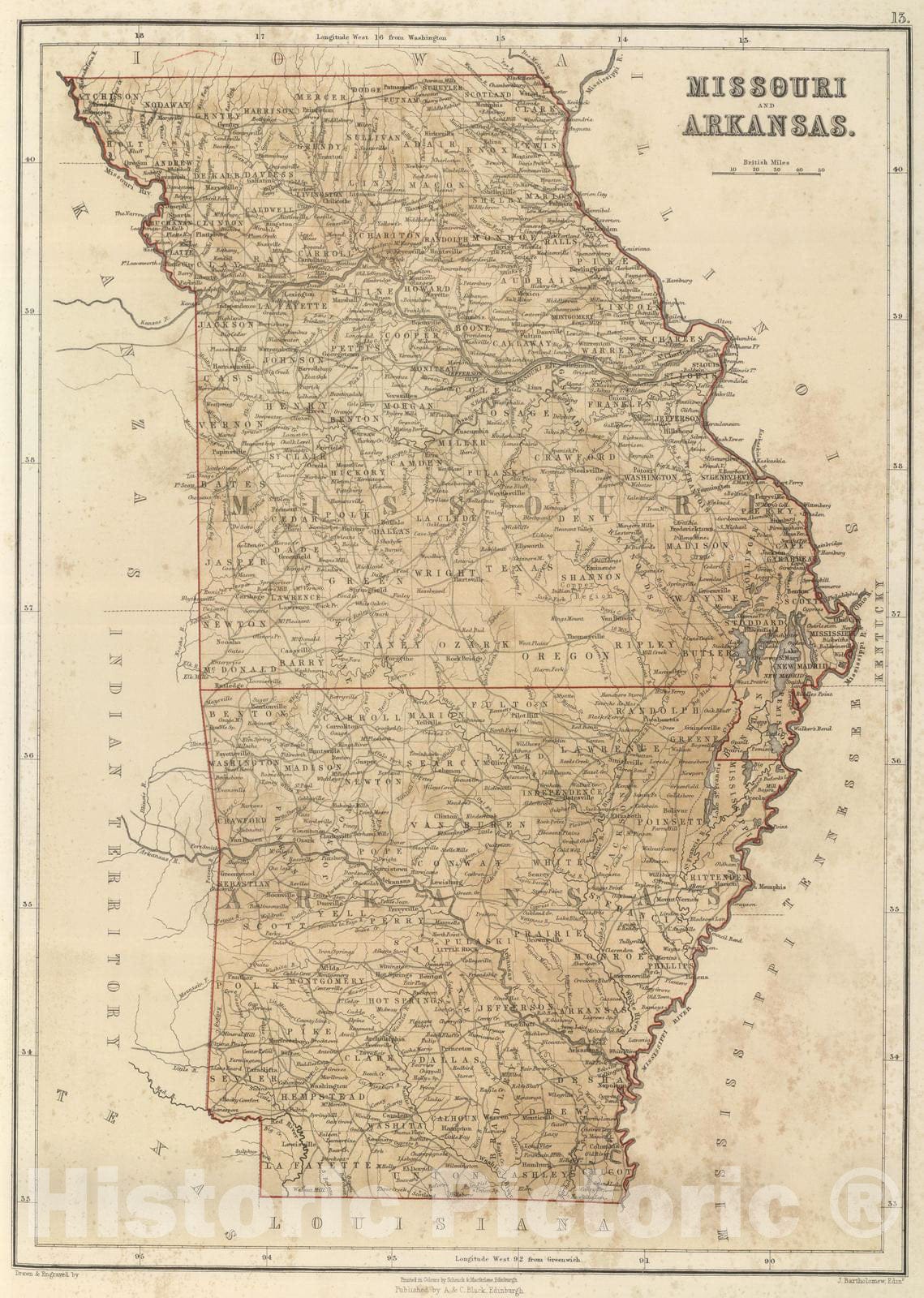 Historic Map : National Atlas - 1856 Missouri and Arkansas. - Vintage Wall Art
