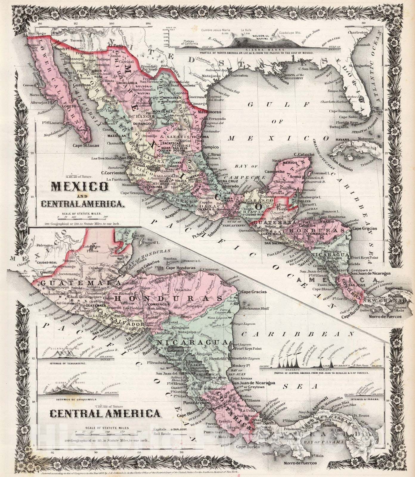 Historic Map : 1858 Mexico and Central America. - Vintage Wall Art