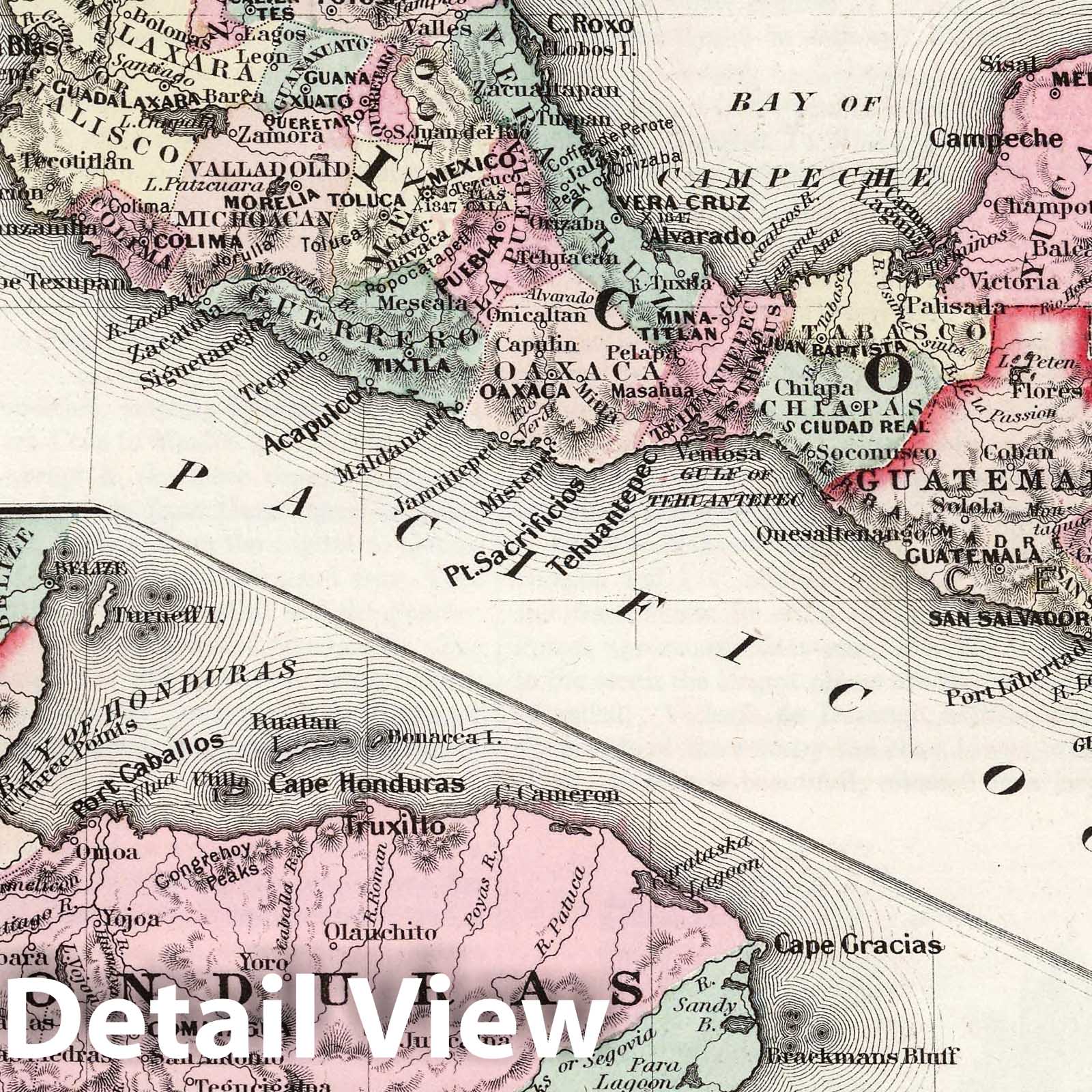 Mexico and Central America - Physical Map, 1858 - Historical Map Print