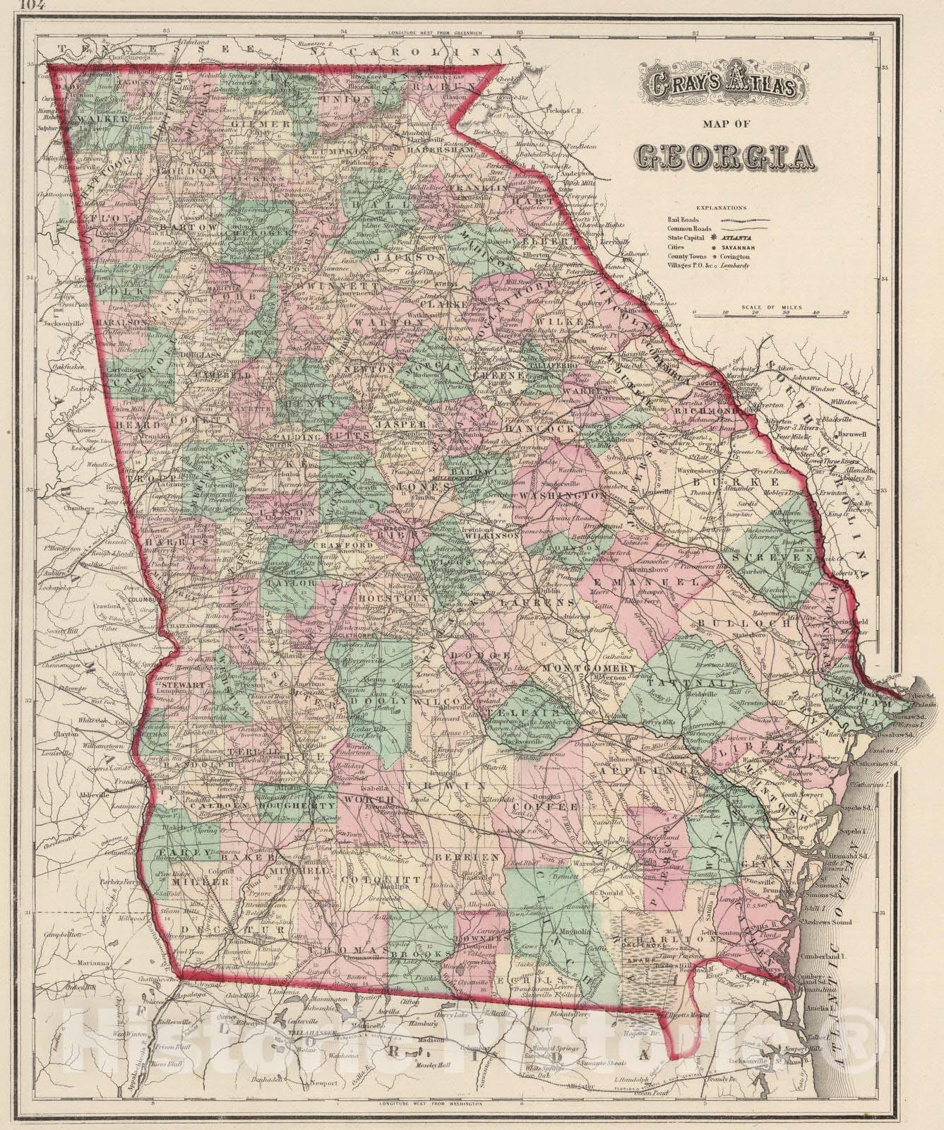 Historic Map : 1874 Georgia. v2 - Vintage Wall Art