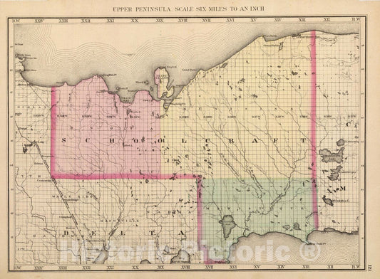 Historic Map : 1873 Upper Peninsula, scale six miles to an inch (Schoolcraft County) - Vintage Wall Art