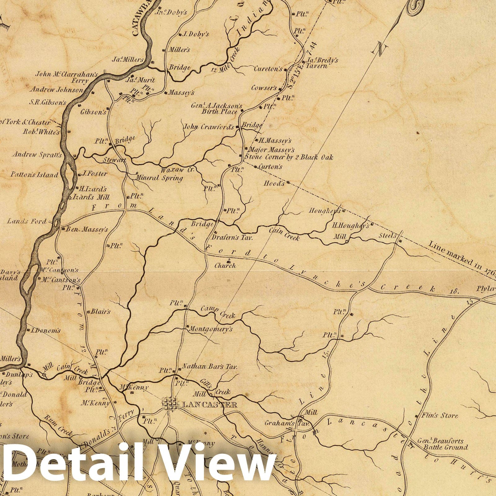 Lancaster District, South Carolina - Road Map, 1825 - Historical Map Print
