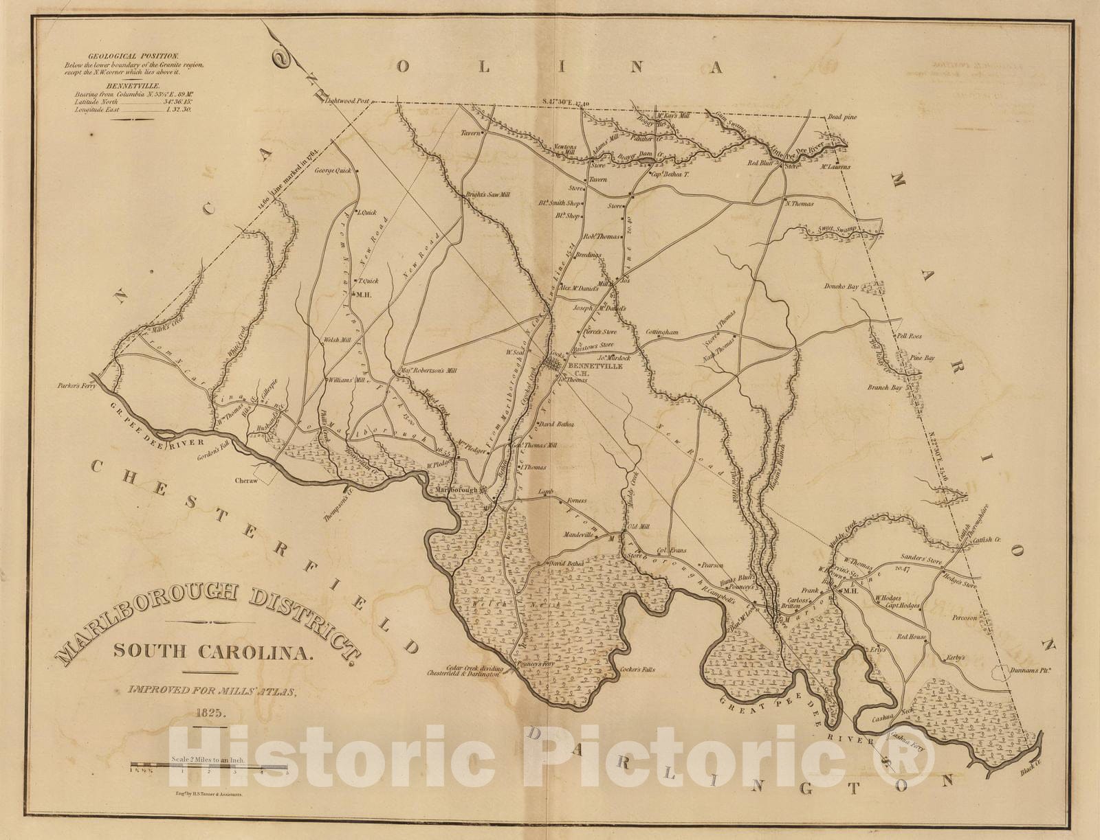Historic Map : 1825 Marlborough District, South Carolina. - Vintage Wall Art