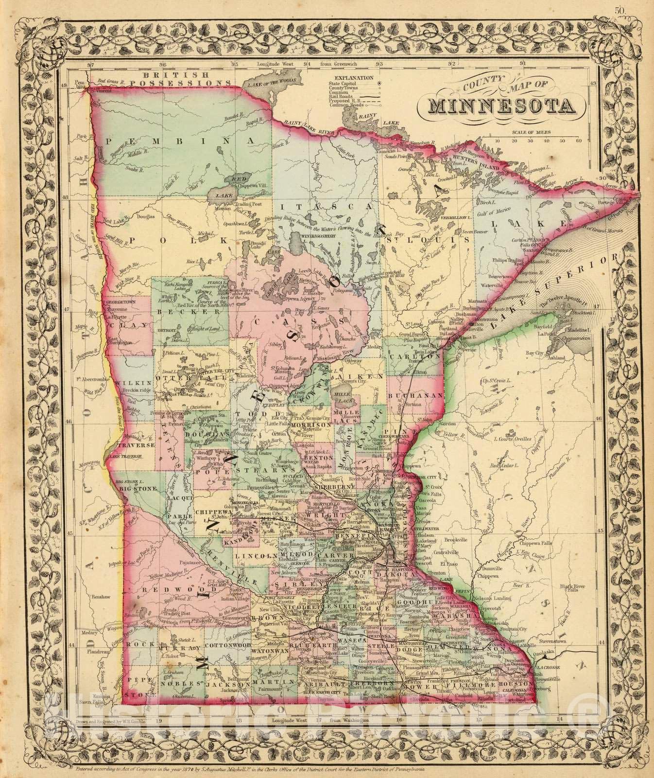Historic Map : 1870 Minnesota. - Vintage Wall Art