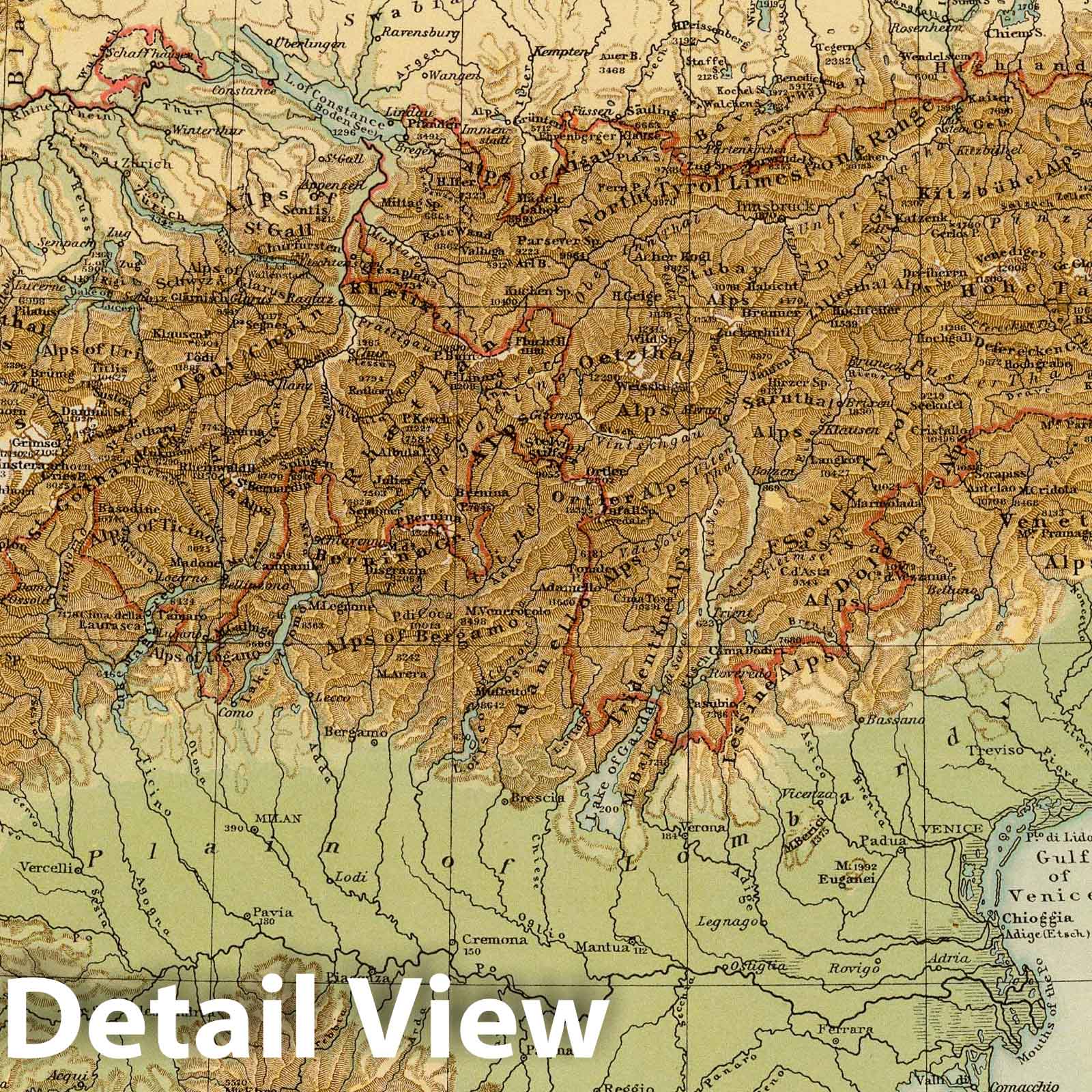 Alps - River Map, 1895 - The Times Atlas Historical Map Print