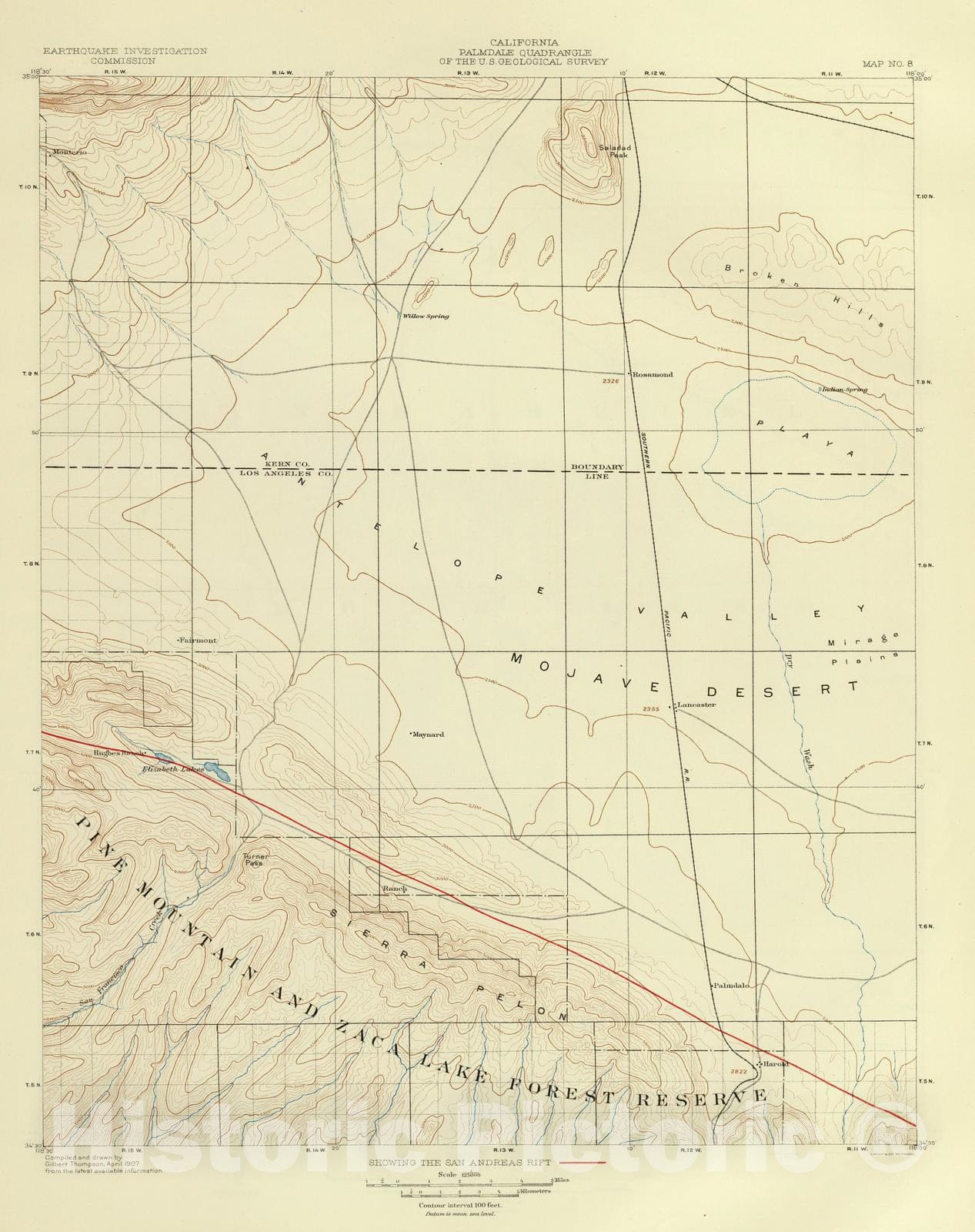Historic Map : 1908 Palmdale quadrangle showing San Andreas Rift. - Vintage Wall Art