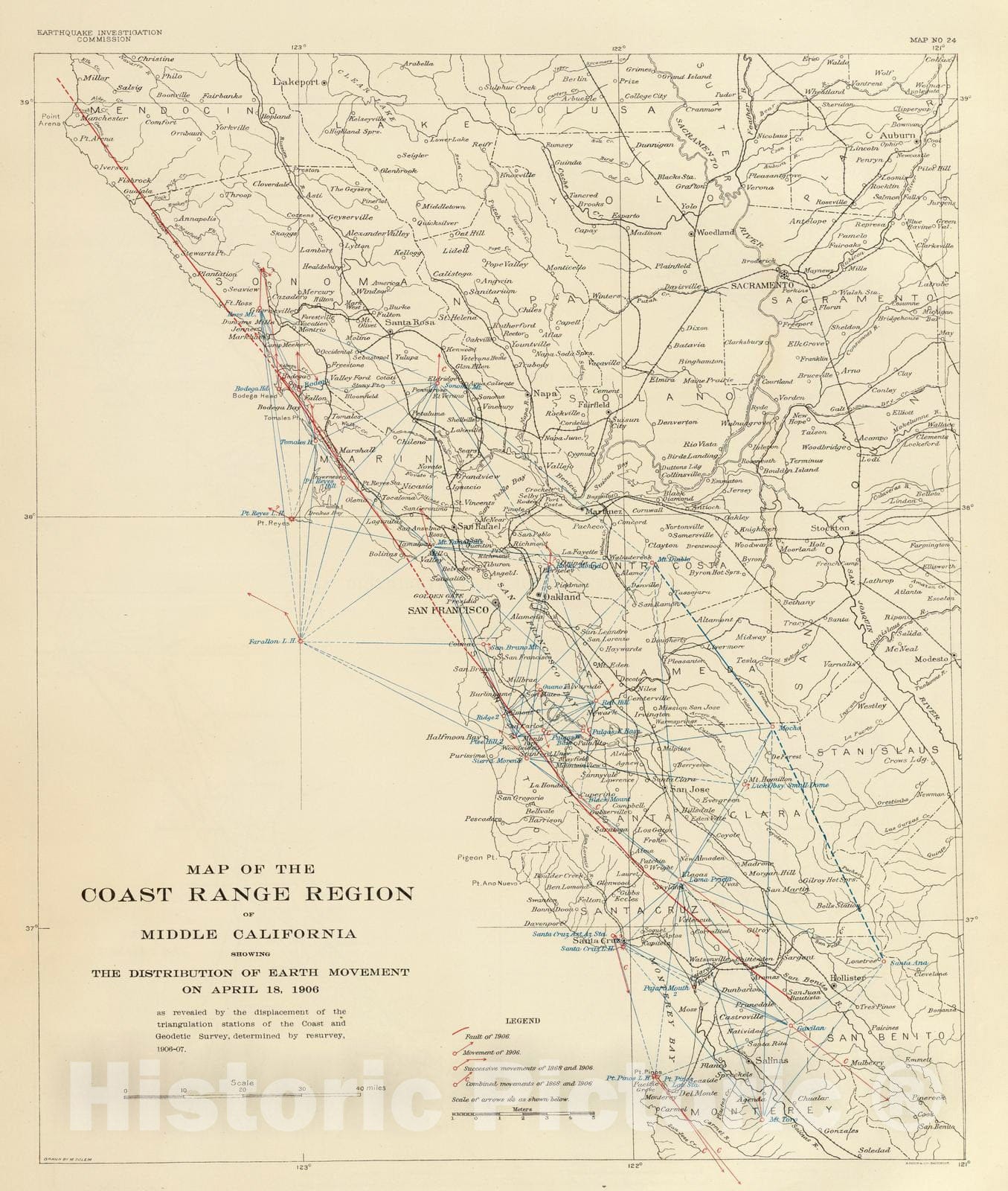 Historic Map : 1908 Coast Range Middle California distribution of earth movement. - Vintage Wall Art