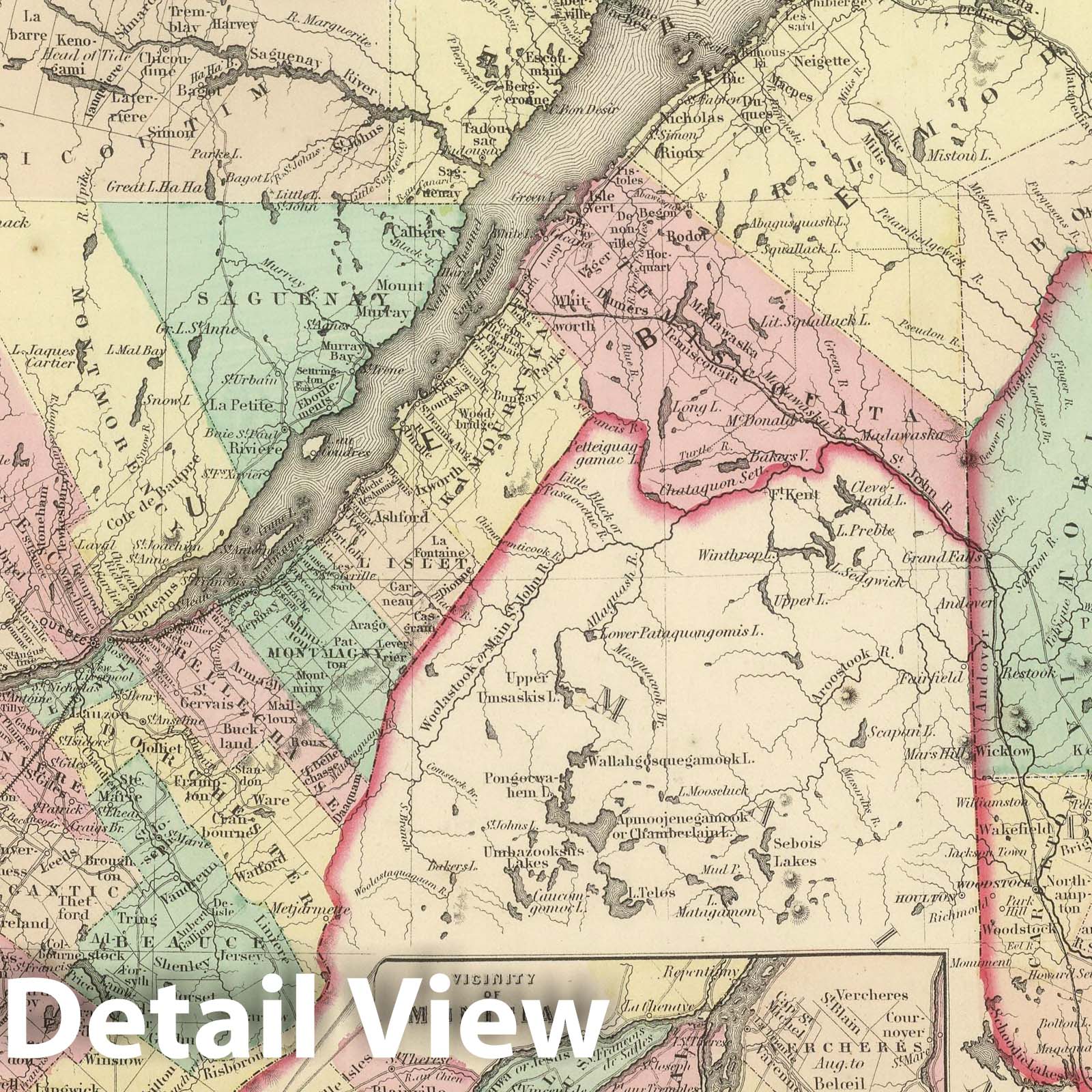 Quebec and New Brunswick, Canada - Physical Map, 1857 - Colton's Atlas