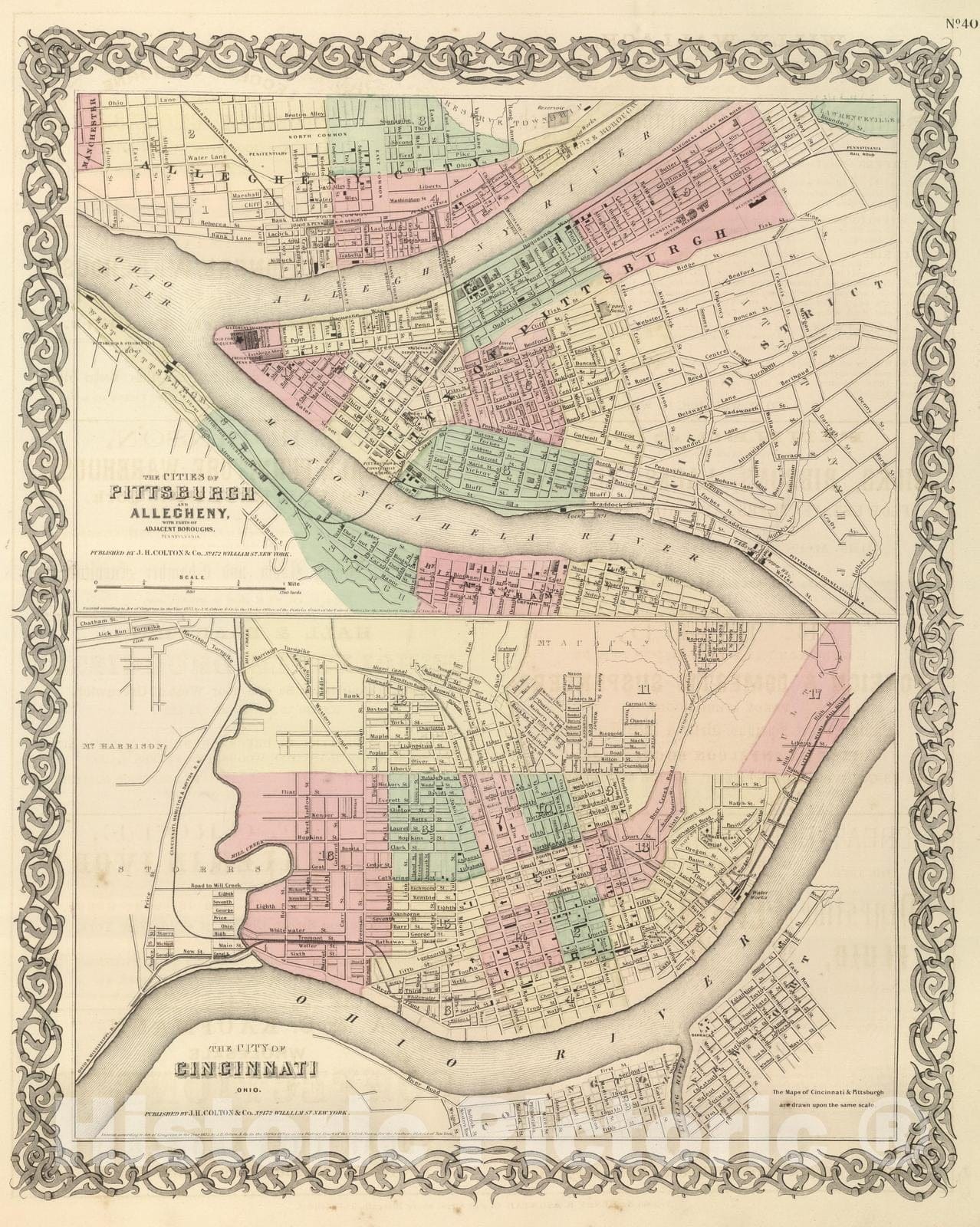 Historic Map : National Atlas - 1857 Pittsburgh and Allegheny, Pennsylvania. Cincinnati, Ohio. - Vintage Wall Art