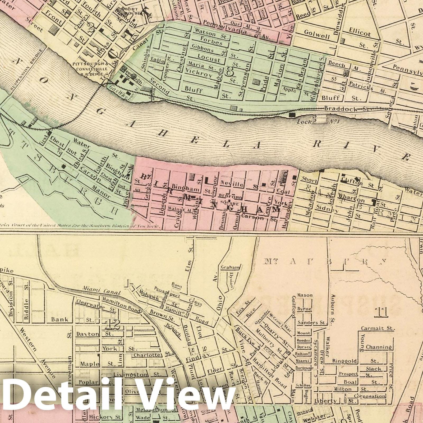 Pittsburgh, Allegheny, and Cincinnati - Physical Map, 1857 - Historical Map Print