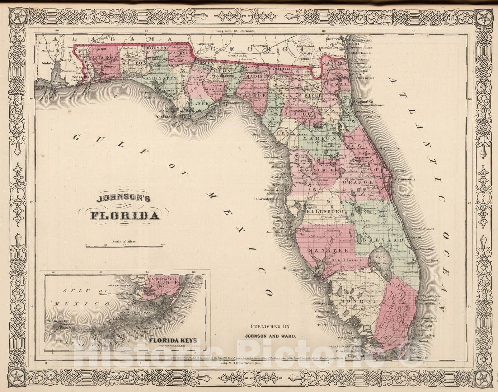 Historic Map : 1863 Florida - Vintage Wall Art