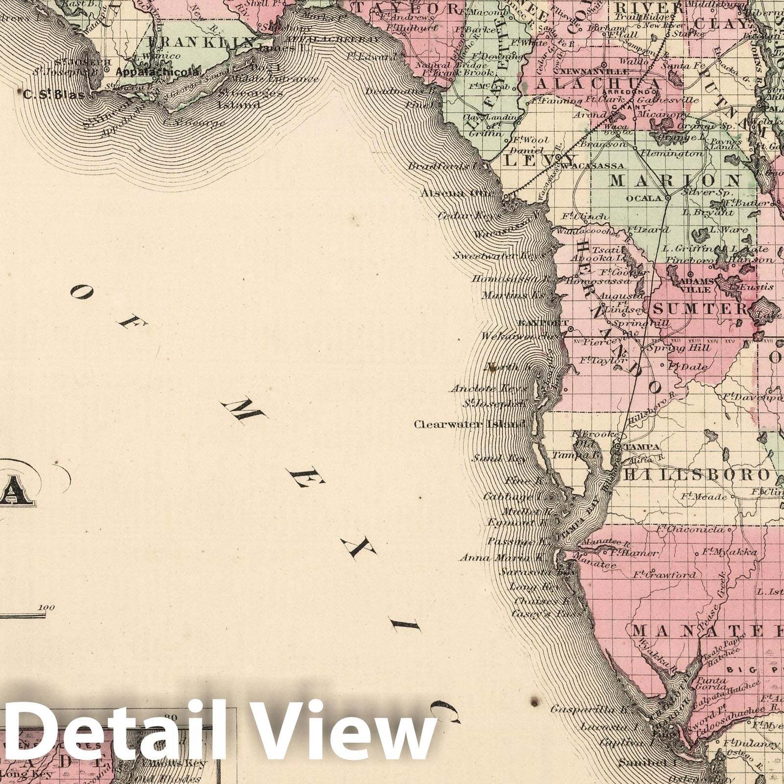 Florida - Physical Map, 1863 - Historical Map Reproduction