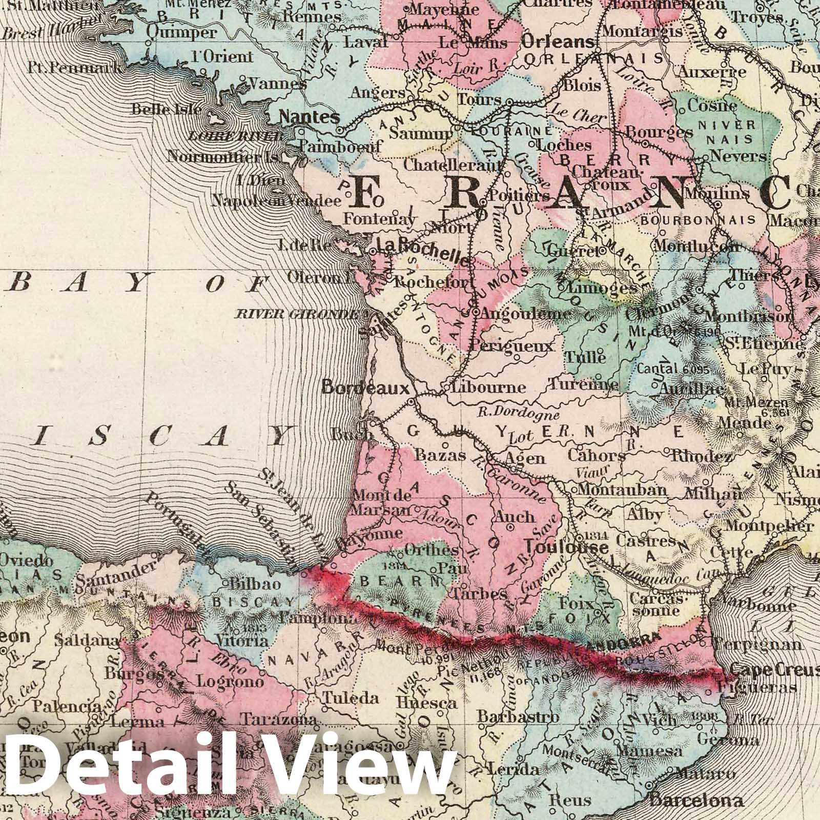 Western Europe with Denmark and Switzerland - Physical Map, 1858 - Colton's Atlas