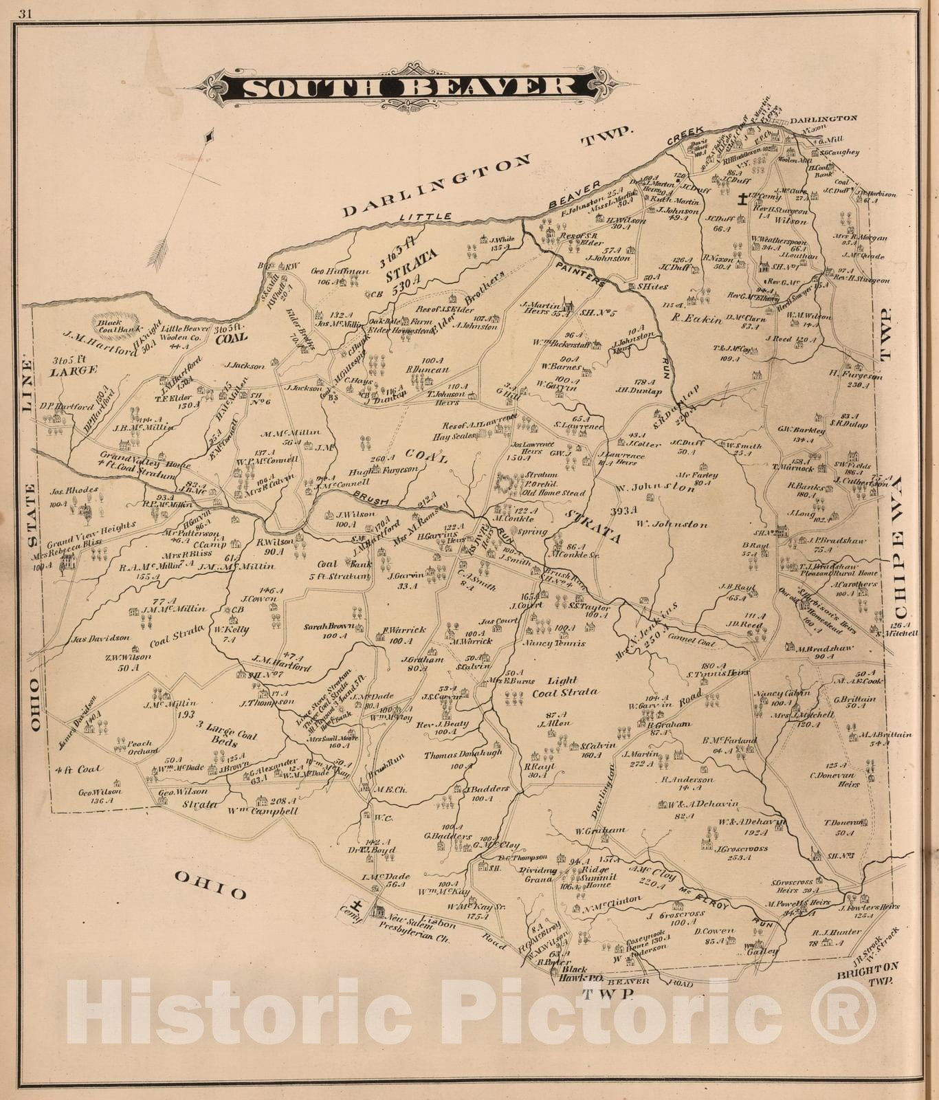 Historic Map : 1876 South Beaver Township Beaver County PA. - Vintage Wall Art