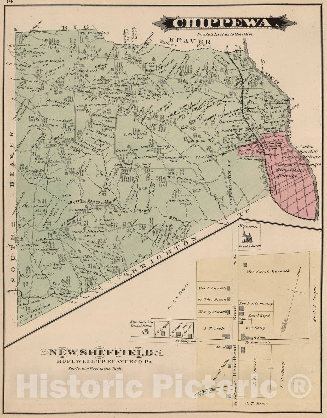 Historic Map : 1876 Chippewa Township Beaver Co. PA. - Vintage Wall Art