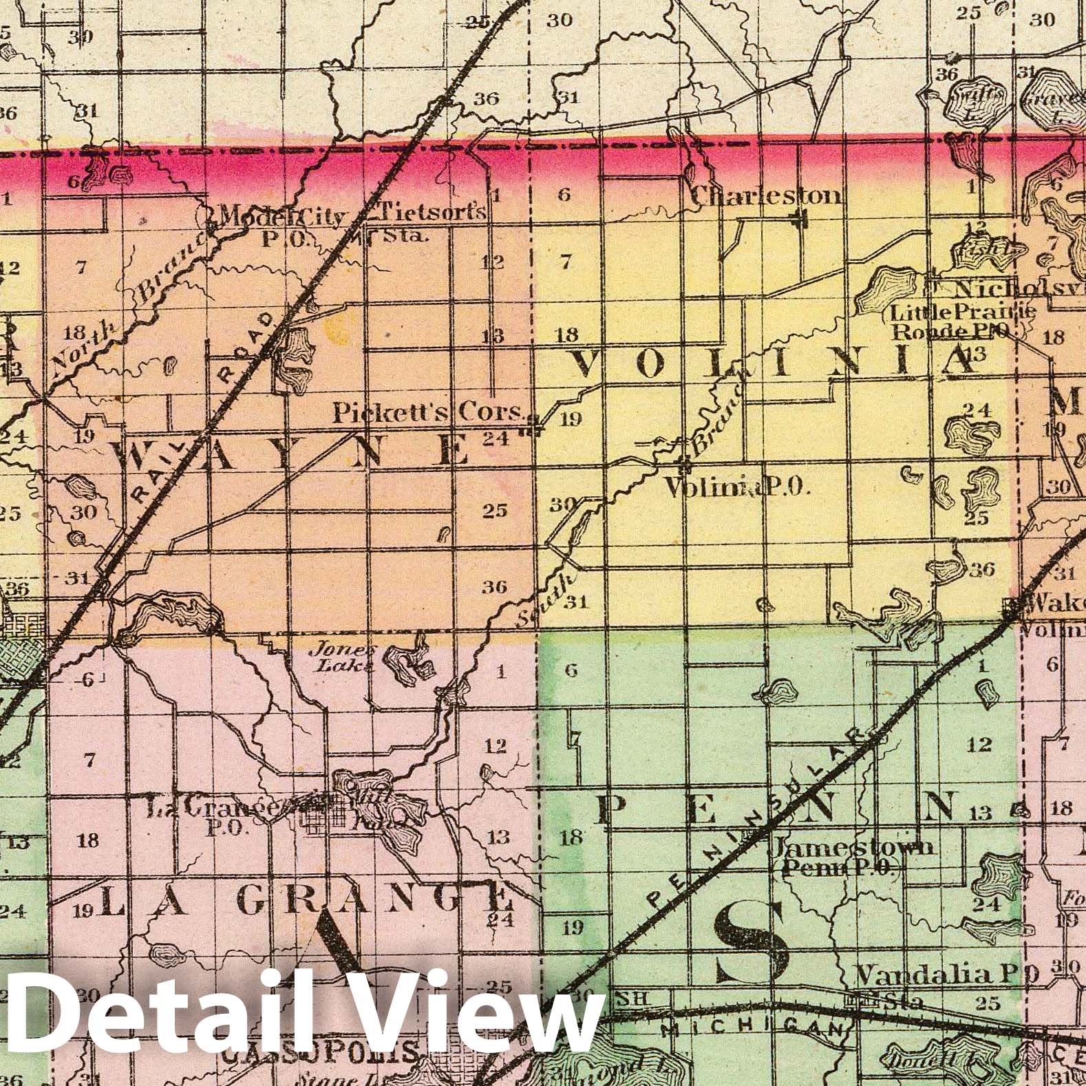 Cass County, Michigan - Railroad Map, 1873 - Historical Map Print