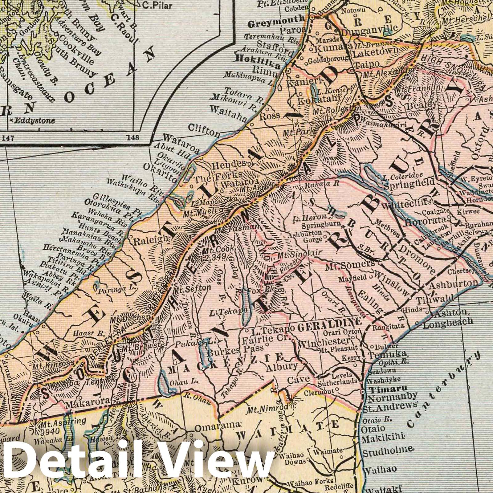New Zealand, South Island - Road Map, 1901 - Historical Map Print