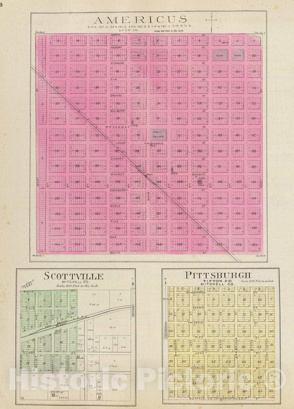 Historic Wall Map : 1887 Americus, Scottville, Pittsburgh. - Vintage Wall Art