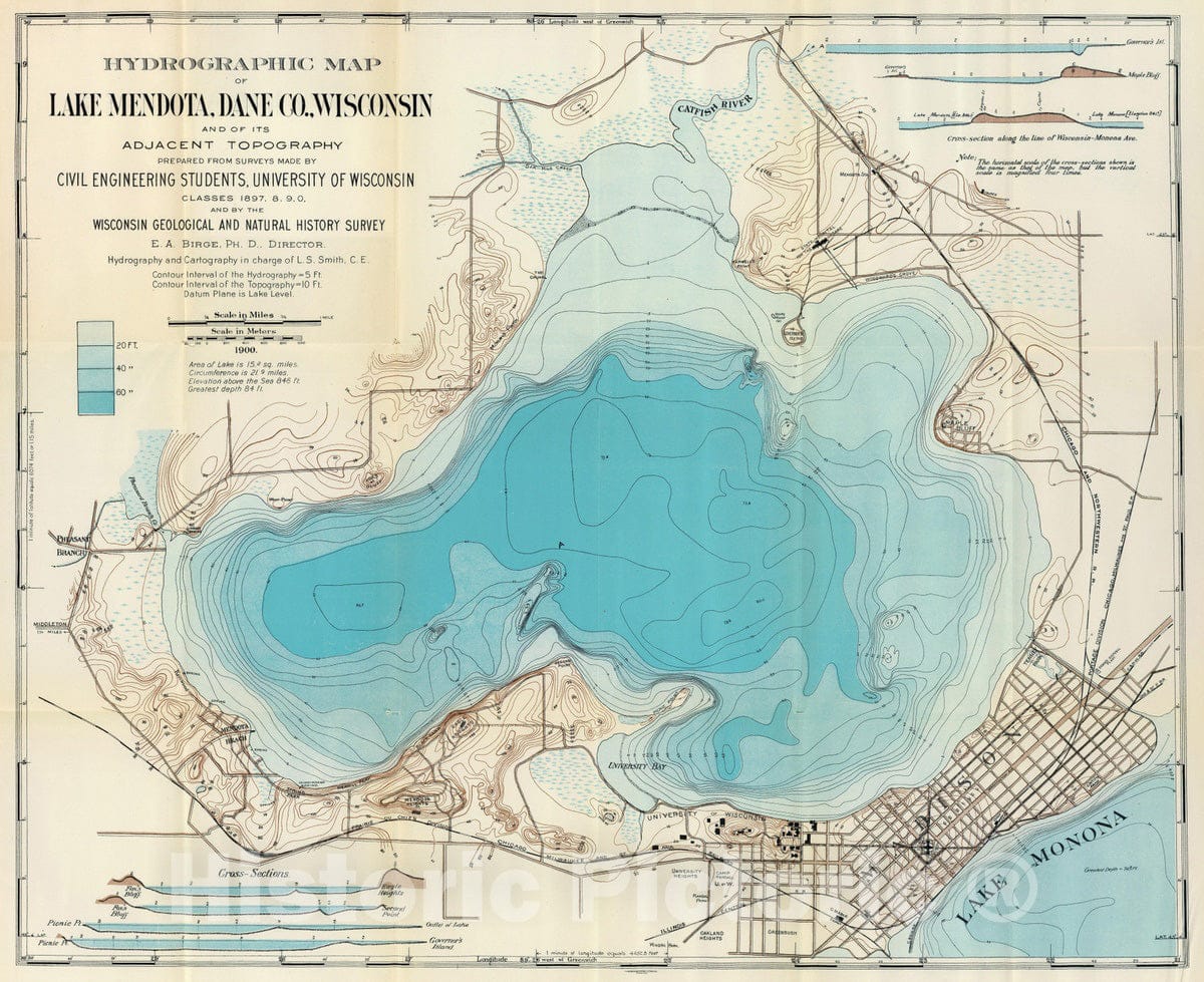 Lake Mendota, Dane County, Wisconsin - Nautical Chart, 1906 - Historical Map Print